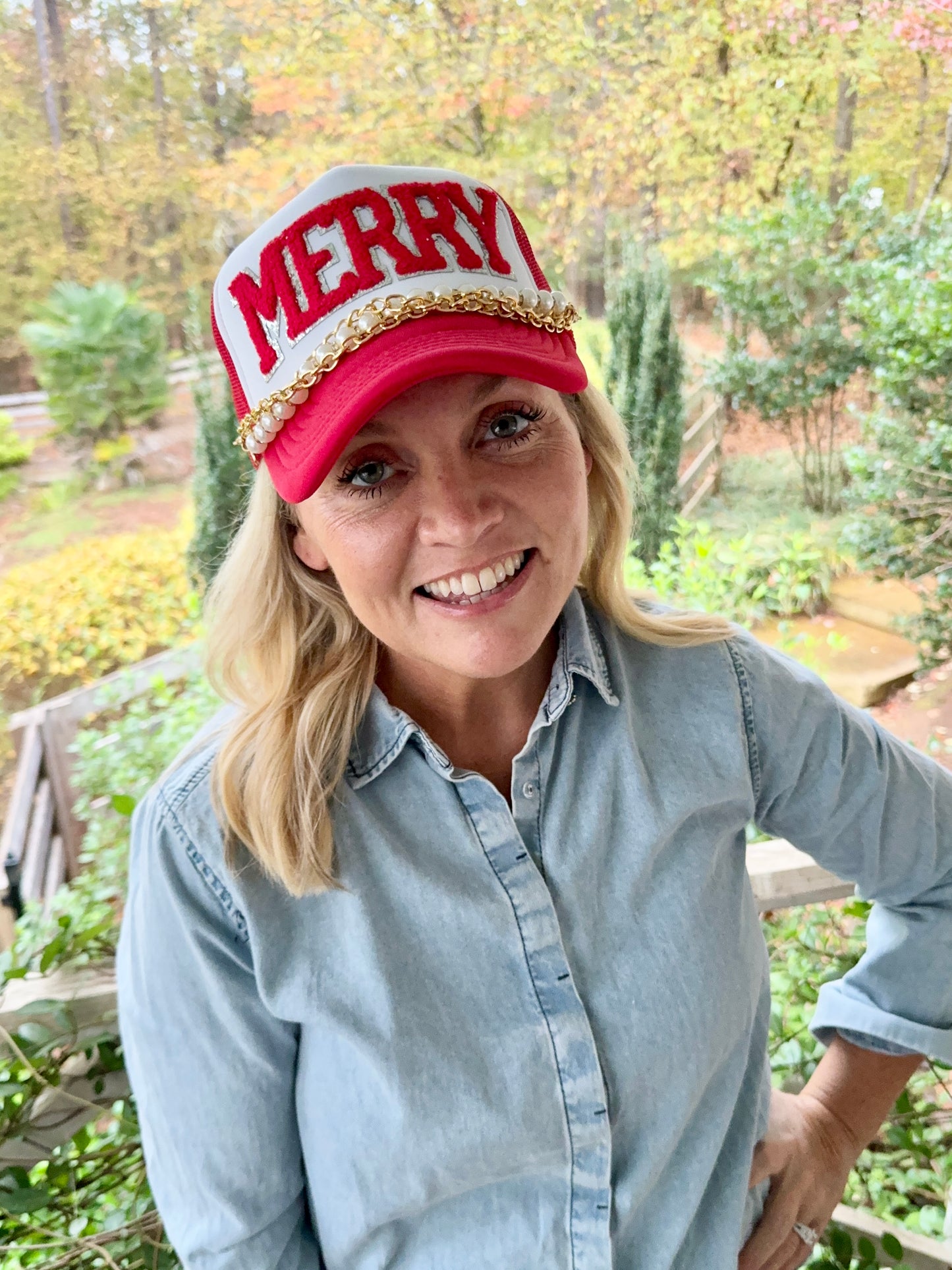 Christmas hat red and white Merry patch ( trucker chain sold separately)