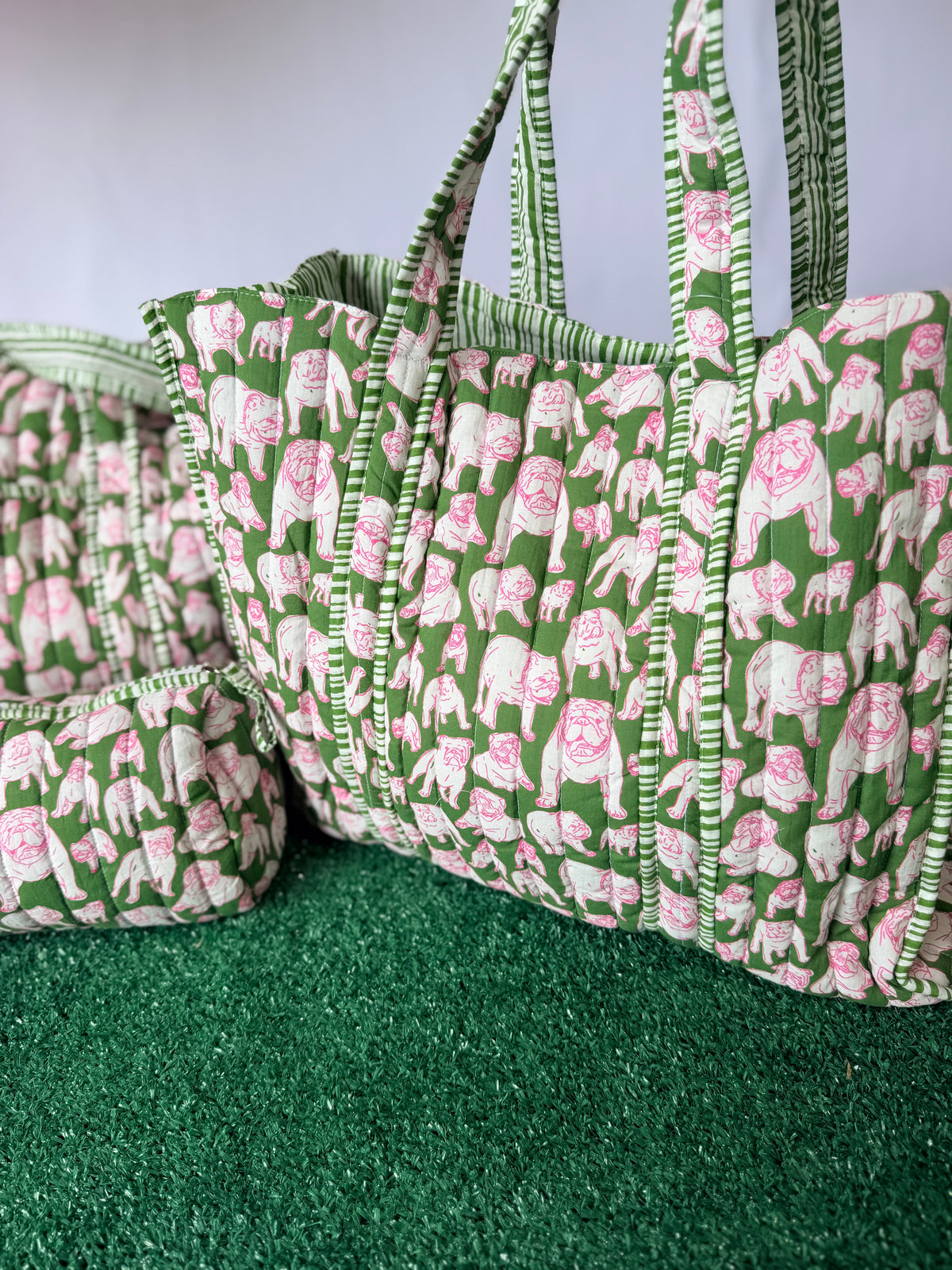 Green and pink quilted bulldog tote