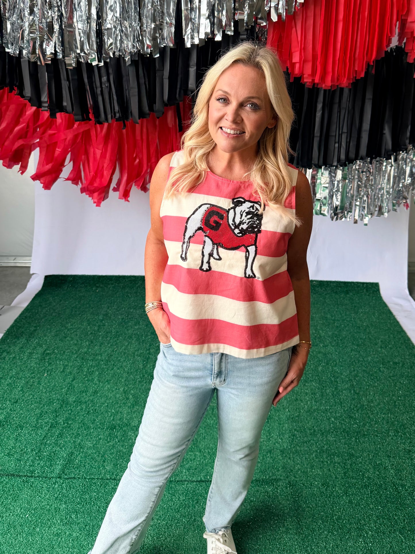Striped top with sequin bulldog licensed up to size 3XL