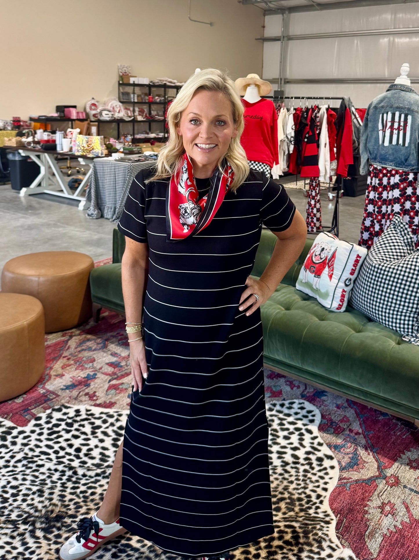 Modal scuba black and white striped maxi dress