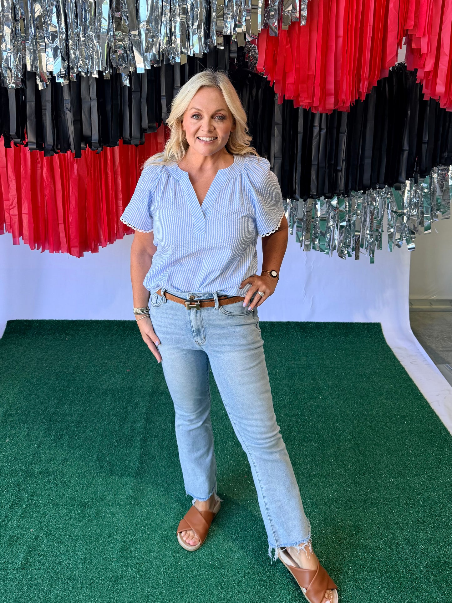 Searsucker blouse blue and white 4th of July