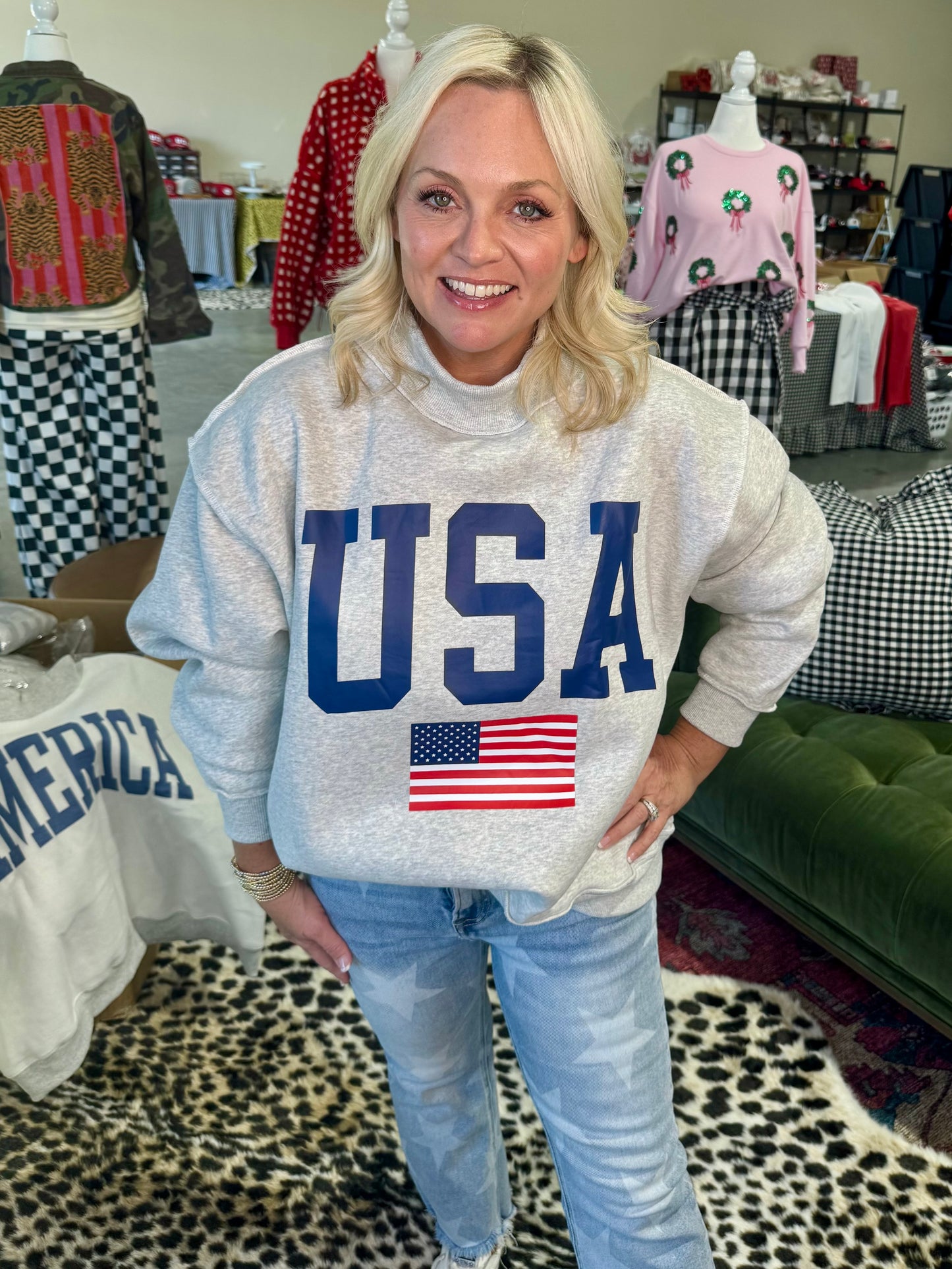 USA 🇺🇸 America reversible mock neck oversized gray