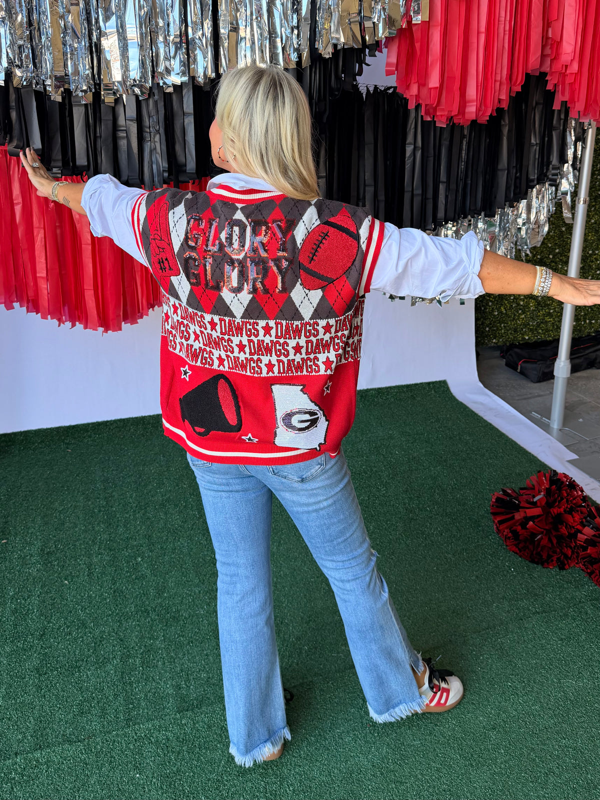 Licensed sweater cardigan with pearls and sequins