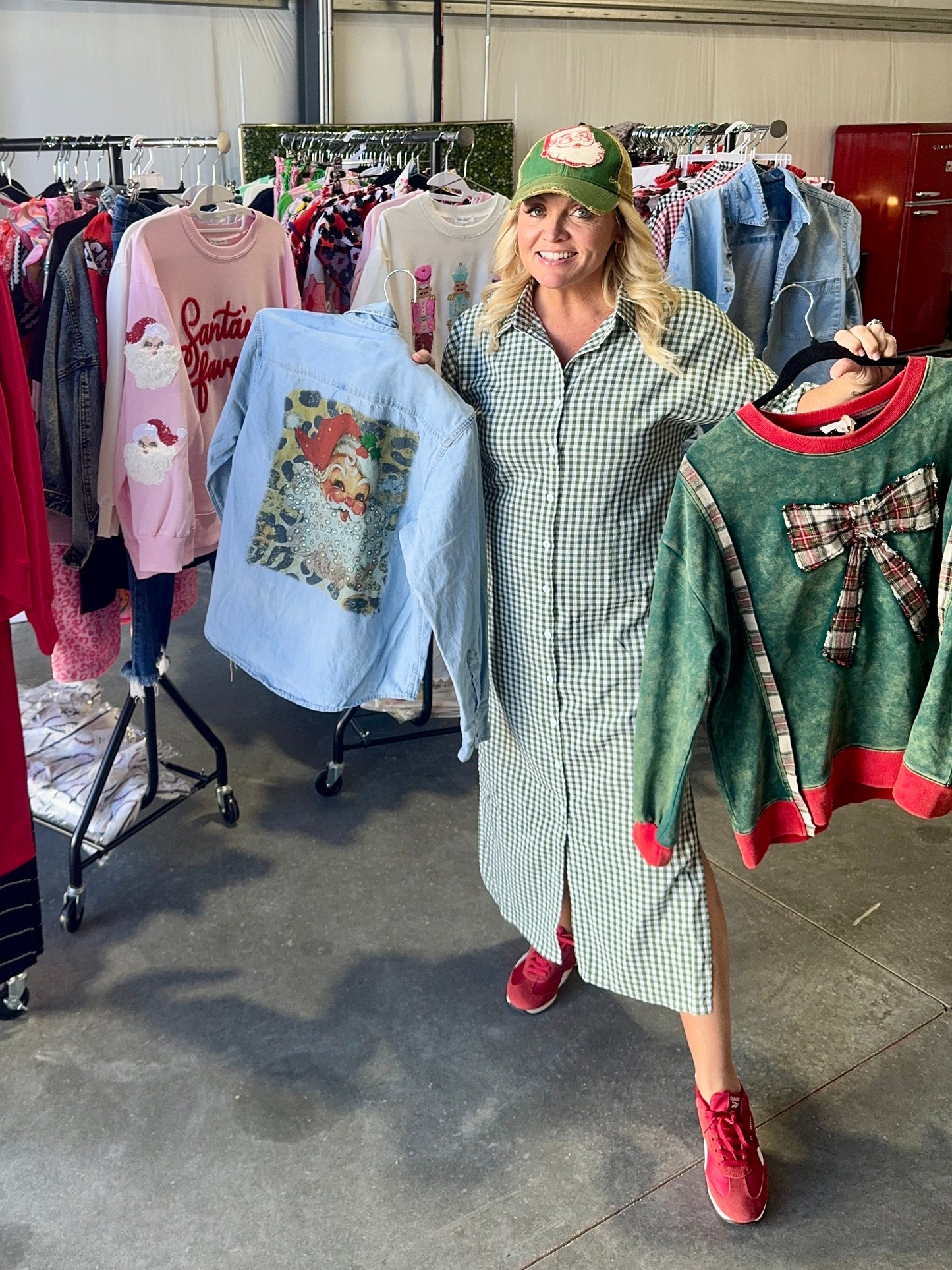 Green gingham shirt dress