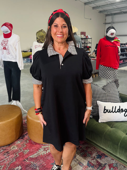 New Polo style dress black with black and white stripe accents up to 2X plus size