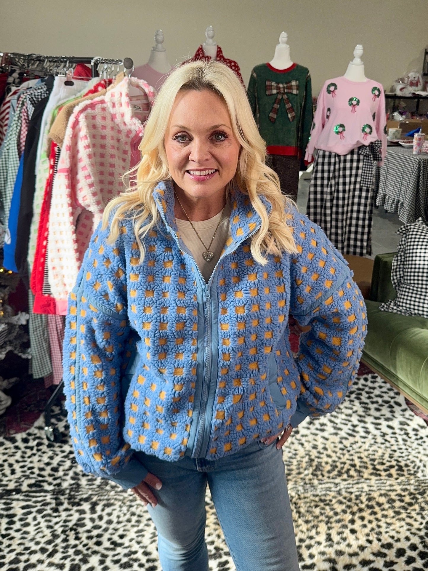 Sherpa checkered jacket blue and gold/mustard