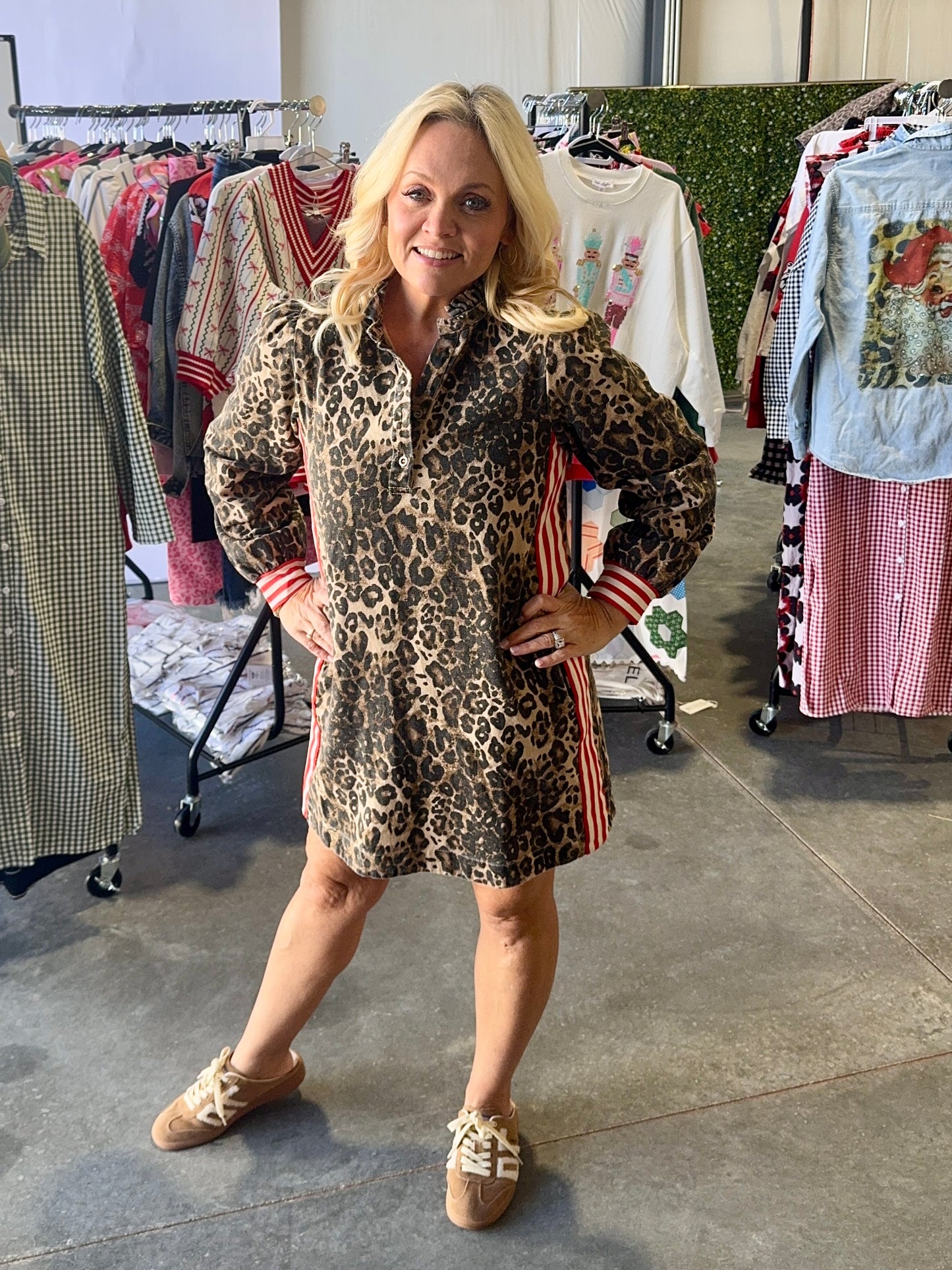 Leopard dress with stipe detail