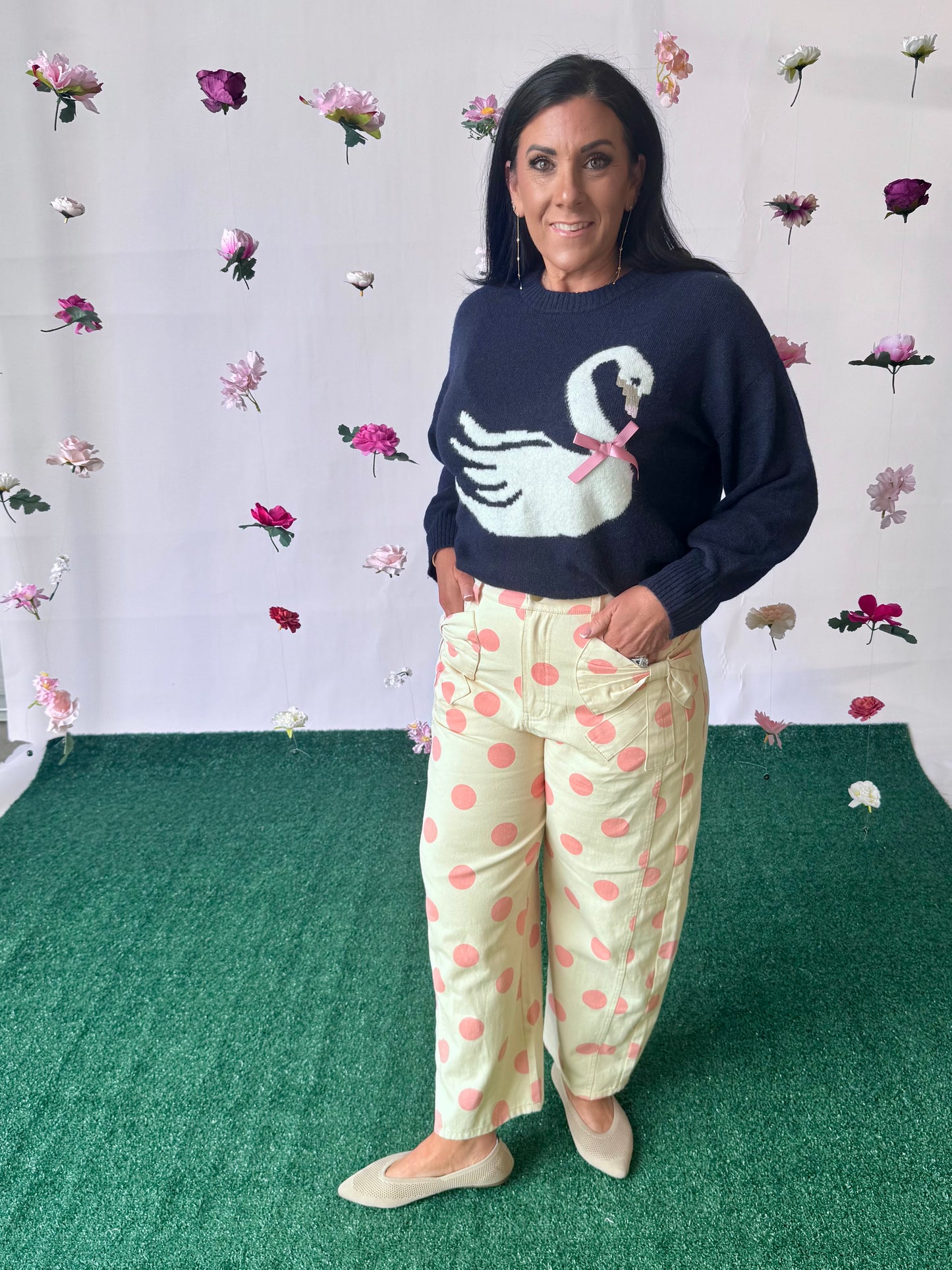 Cream barrel pants with pink polka dot up to 3X!
