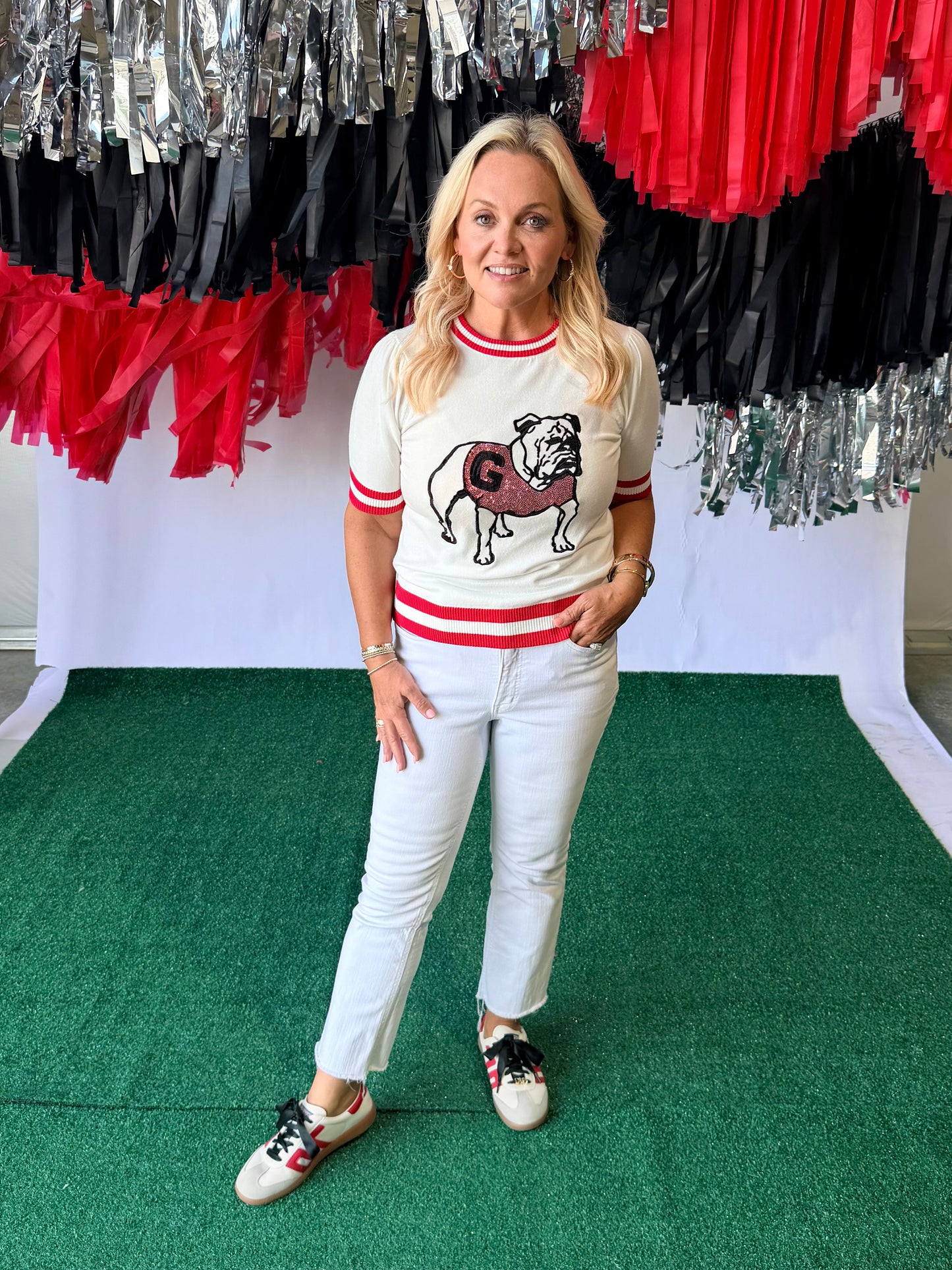 Varsity Licensed thin knit top sequin classic bulldog