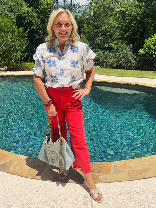 Blue and white floral summer blouse marked down