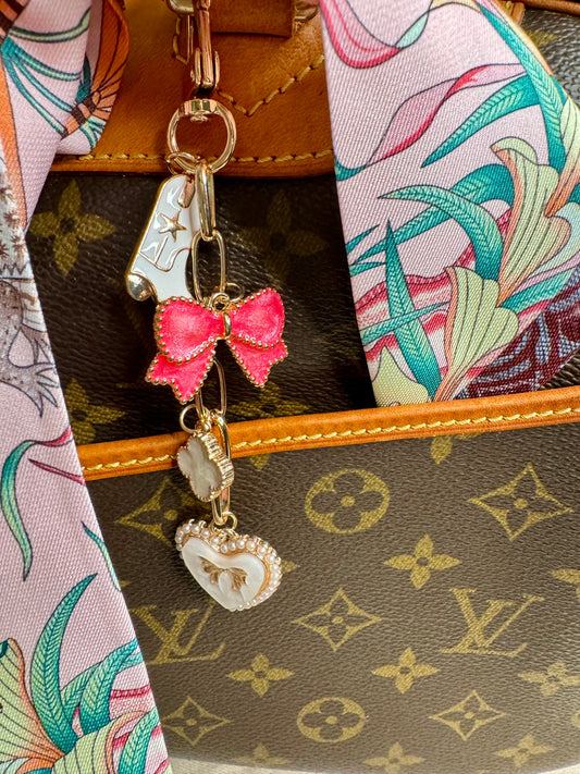 Key chain purse charm boot and bow cluster pink and white