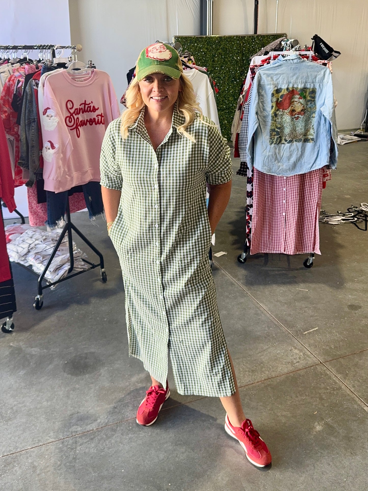 Green gingham shirt dress