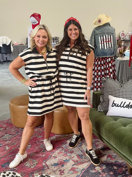 New knit dress black and white cream stripe