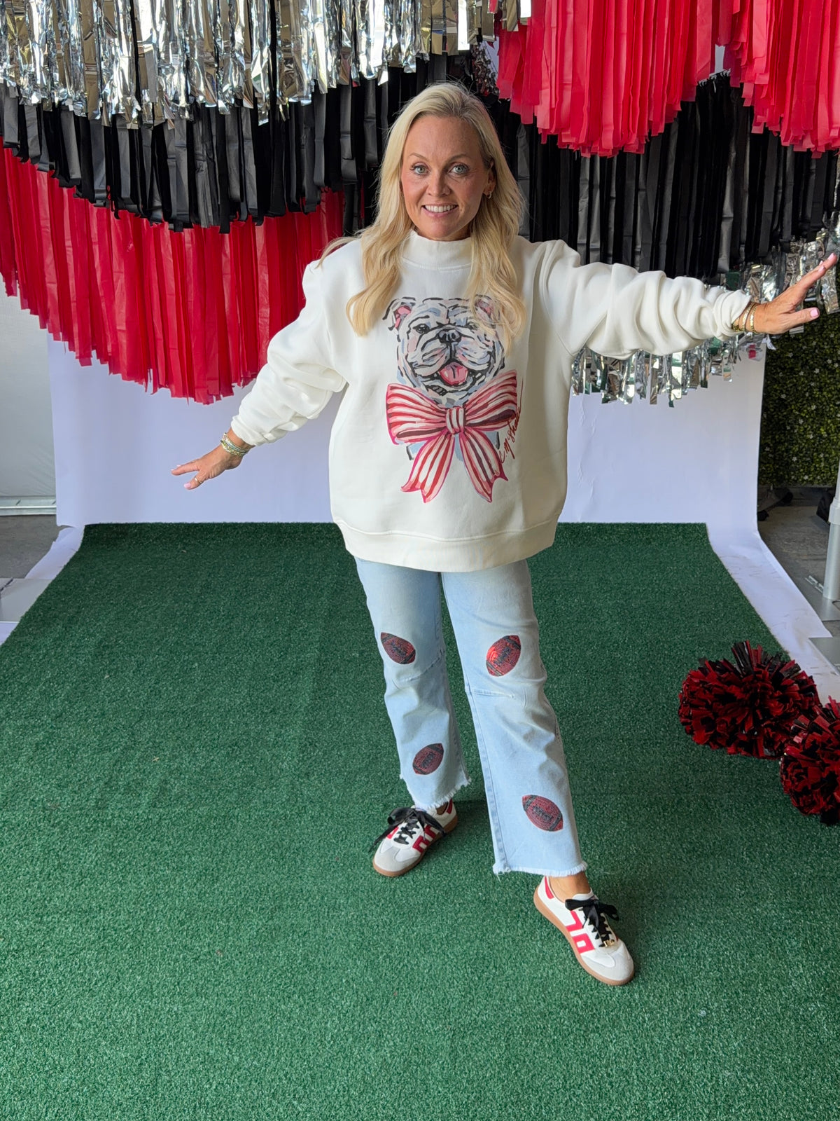 Denim jeans sequin red footballs