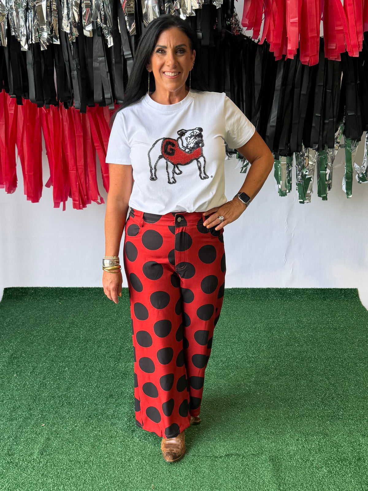 Black and red polka dot pants