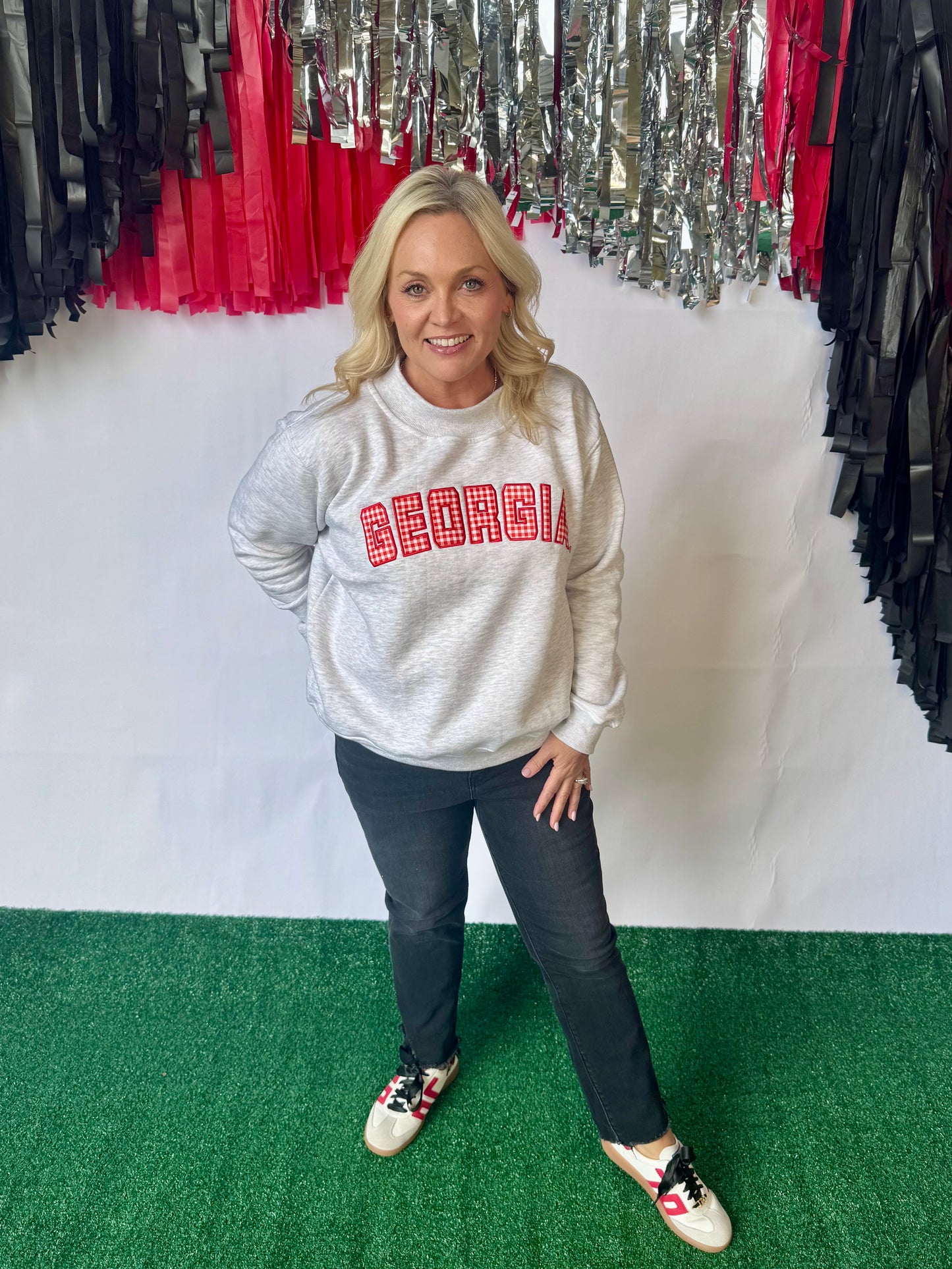 Licensed mock neck ash gray gingham embroidered Georgia