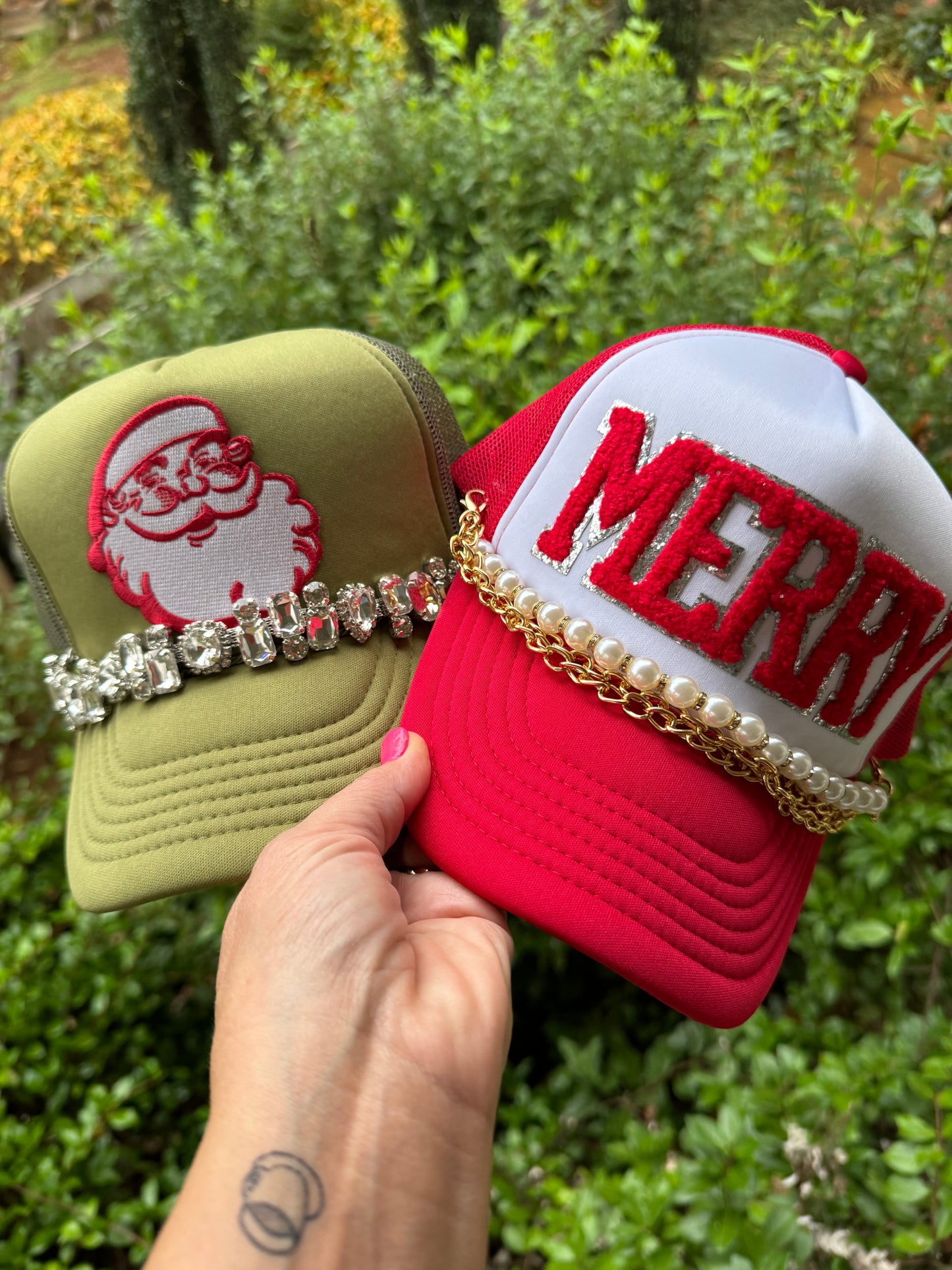 Christmas hat red and white Merry patch ( trucker chain sold separately)