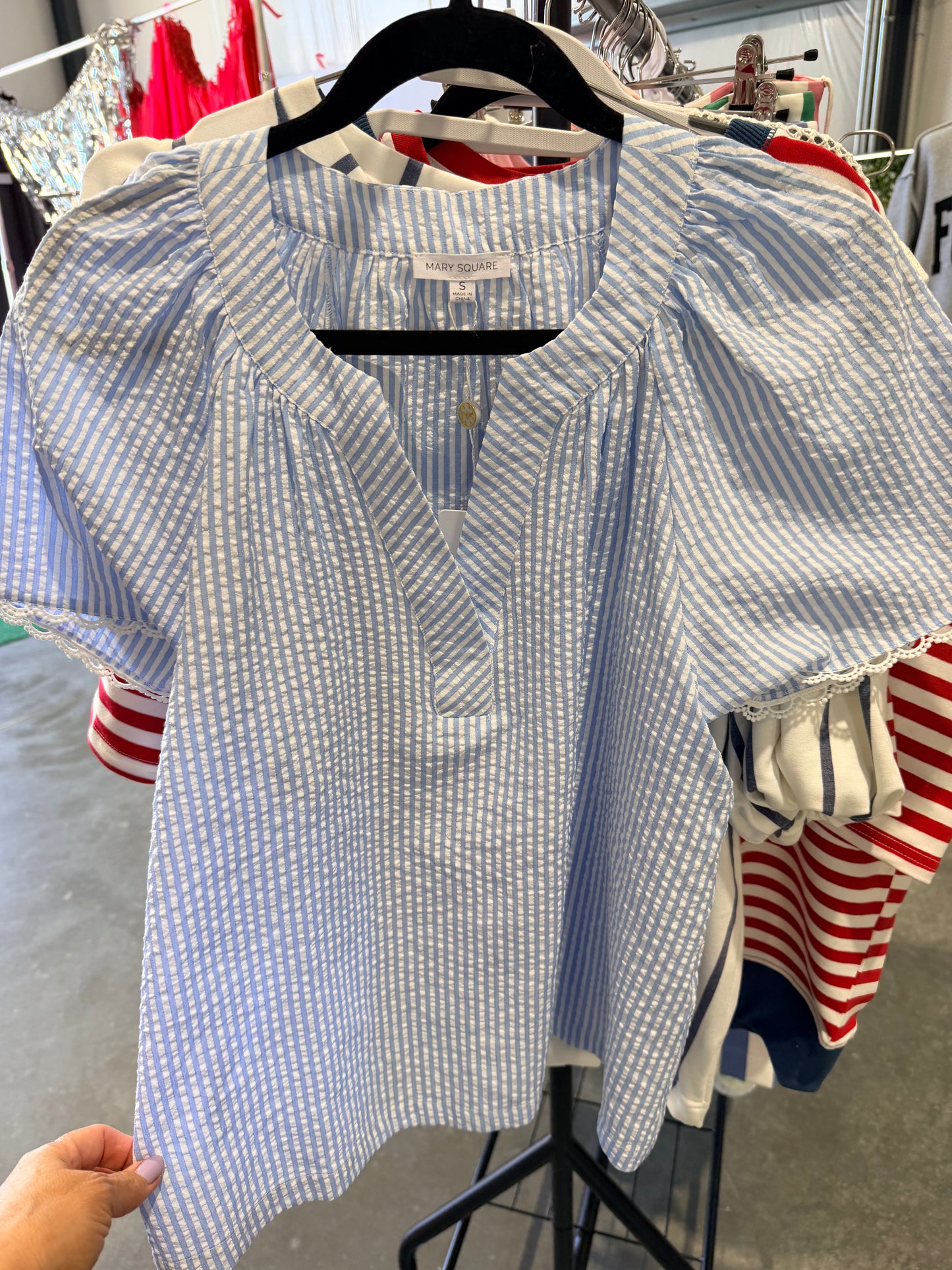 Searsucker blouse blue and white 4th of July