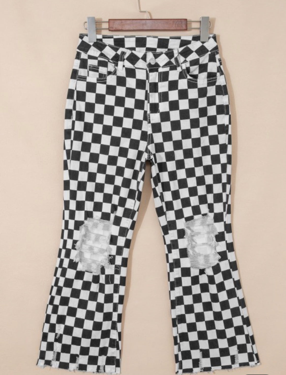 Game day black and white checked distressed raw edge jeans