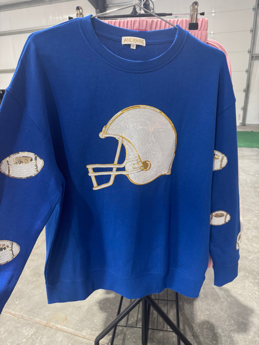 Blue and white sweatshirts sequin football and helmet