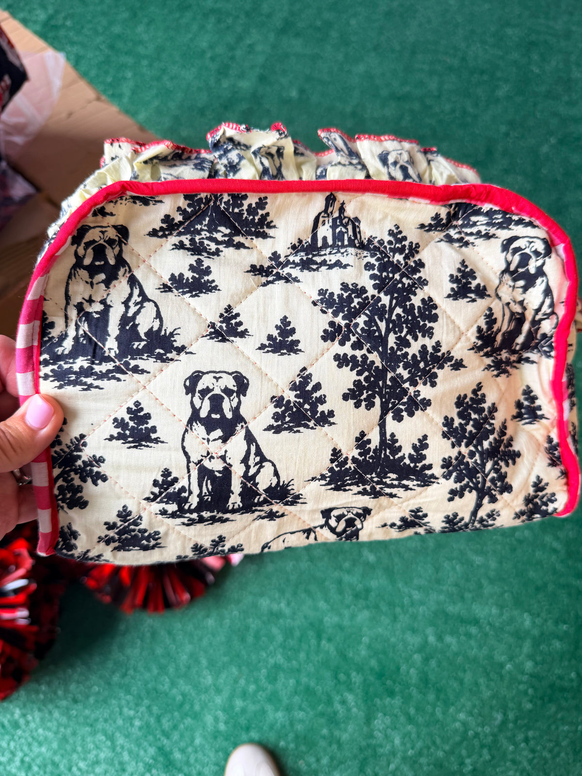 Exclusive bulldog toile cosmetic bag with ruffle