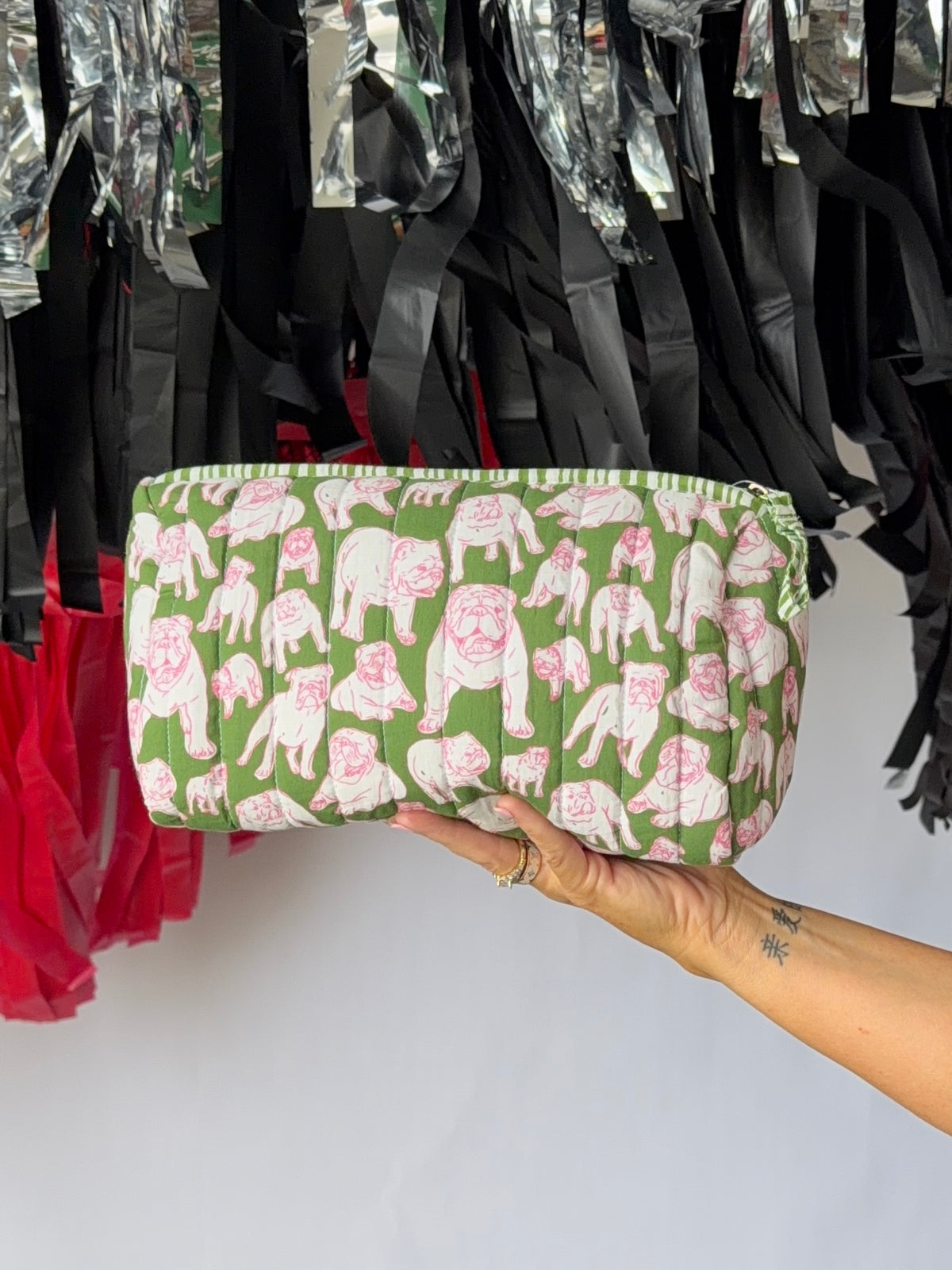 Green and pink quilted bulldog cosmetic bag