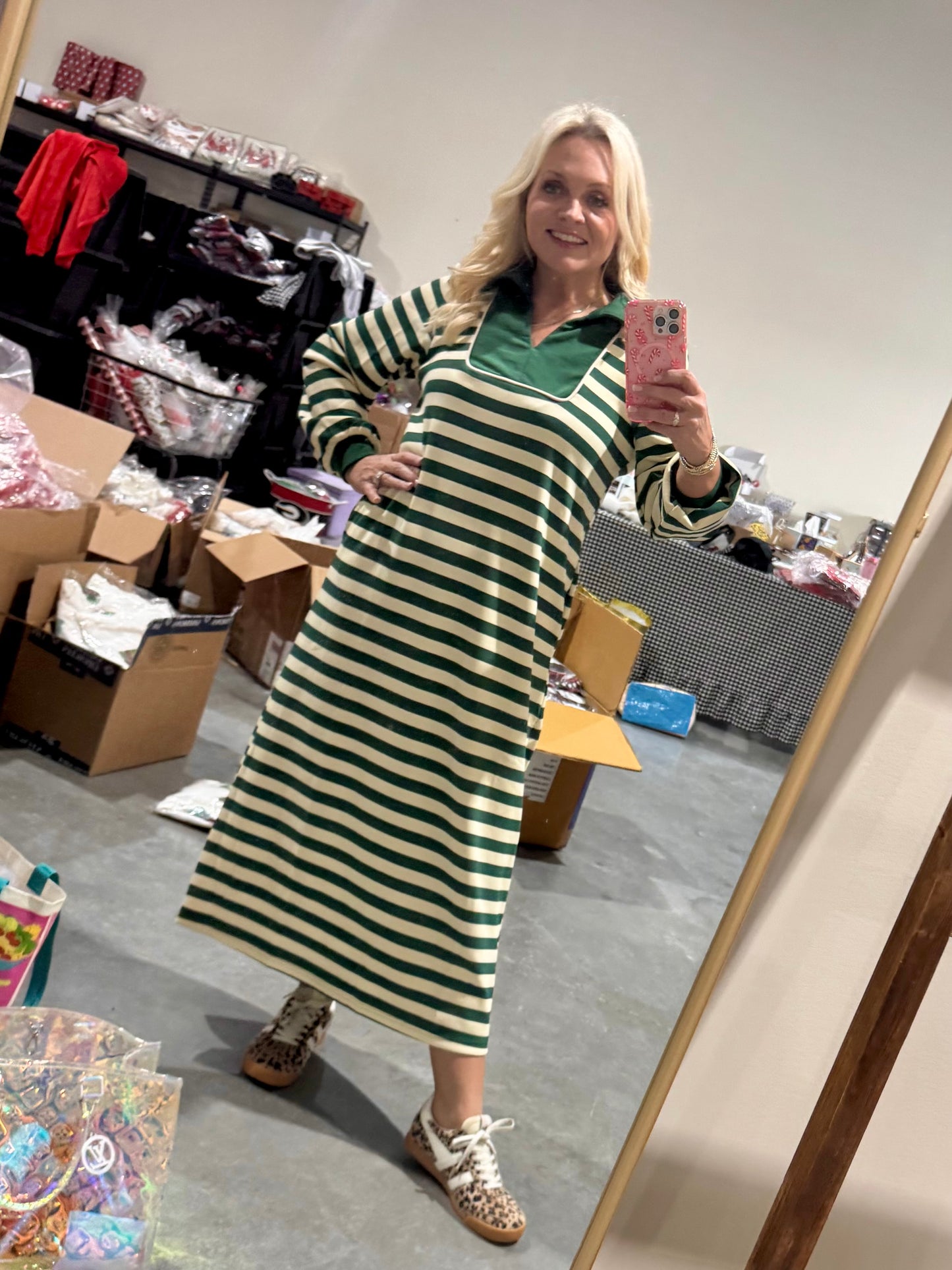 Green stipe dress midi