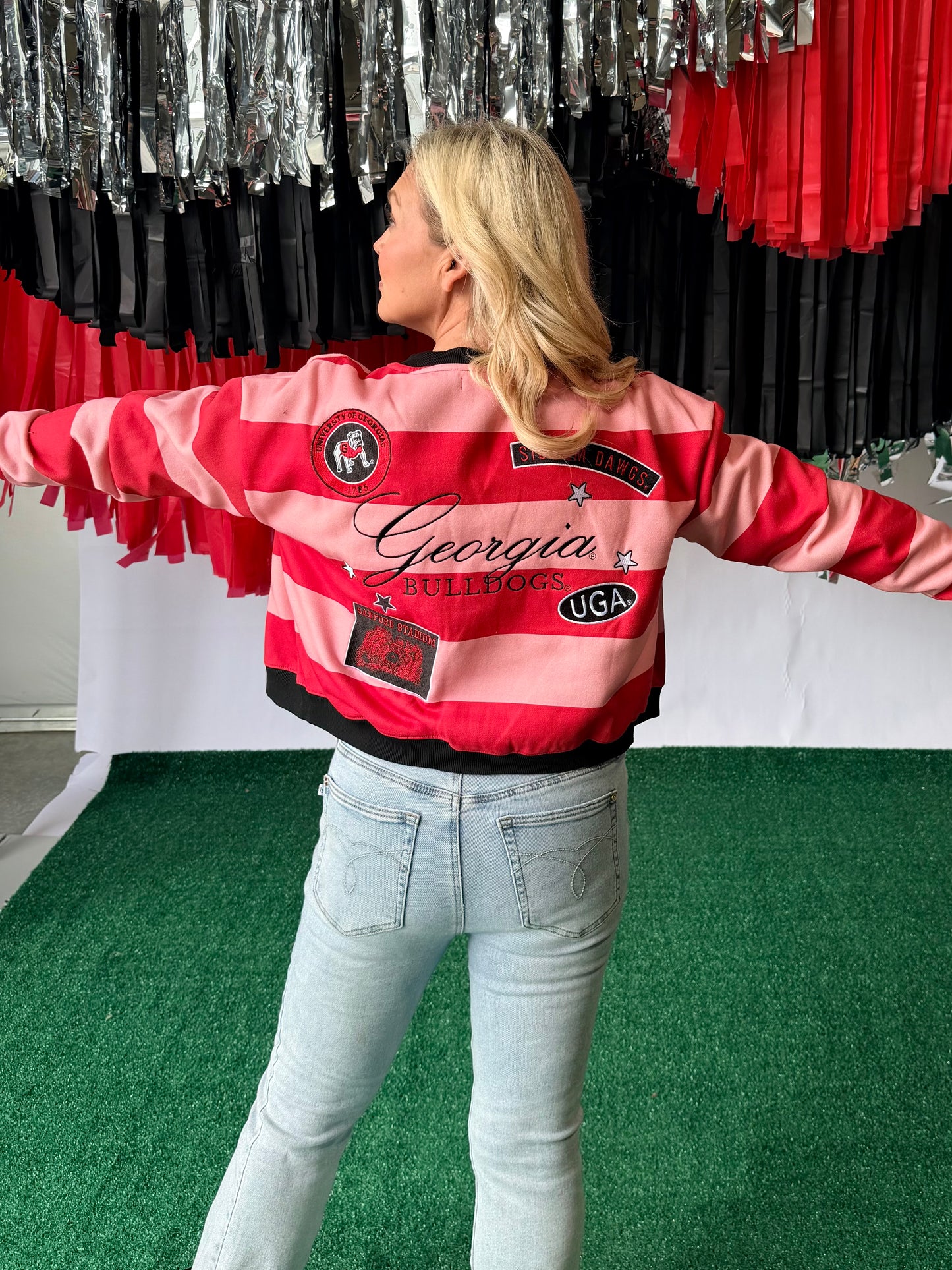 Pink and red striped cardigan with patches licensed up to 3X