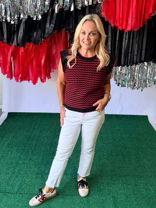 Knit flutter sleeve top black and red