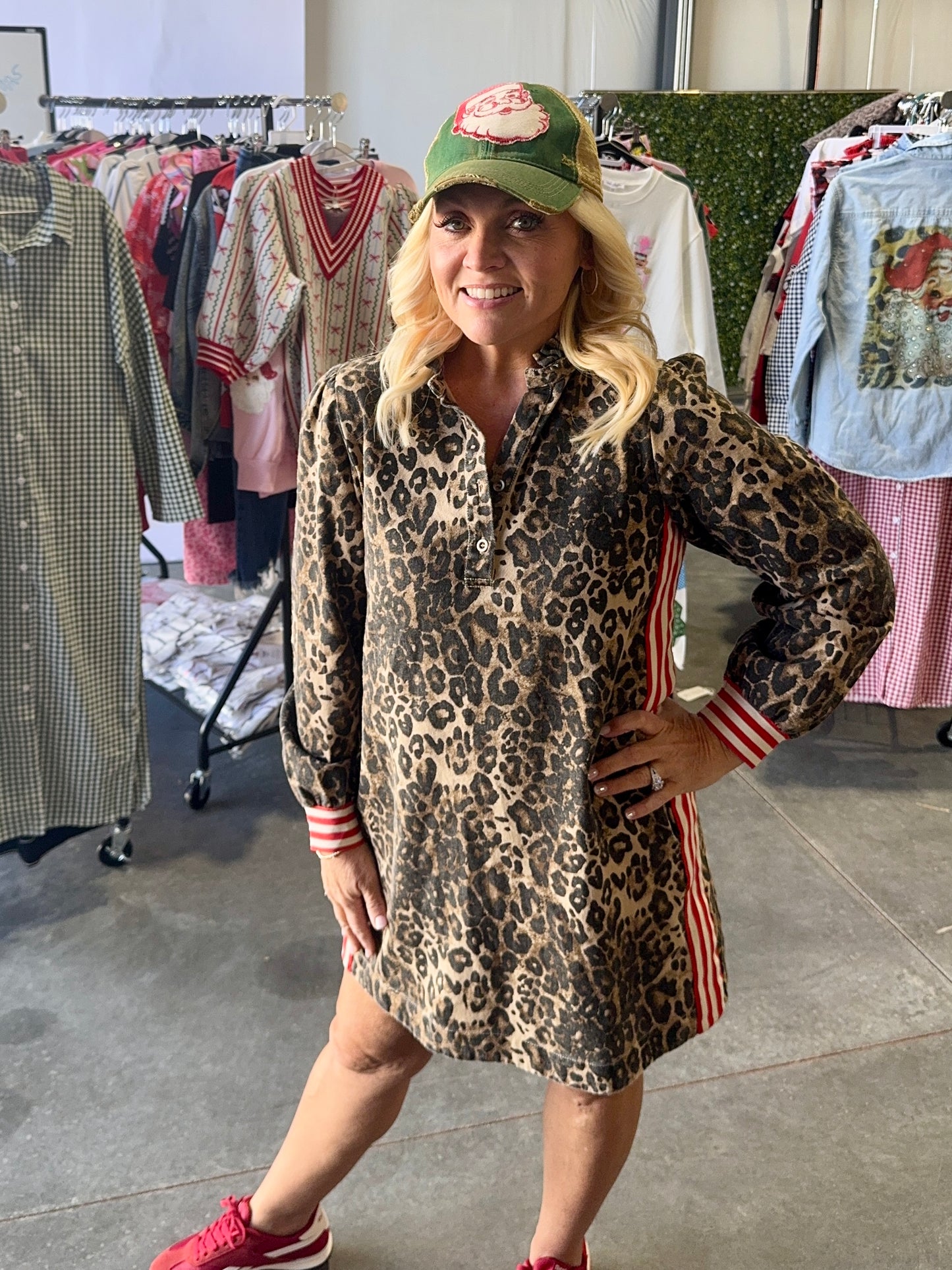 Leopard dress with stipe detail