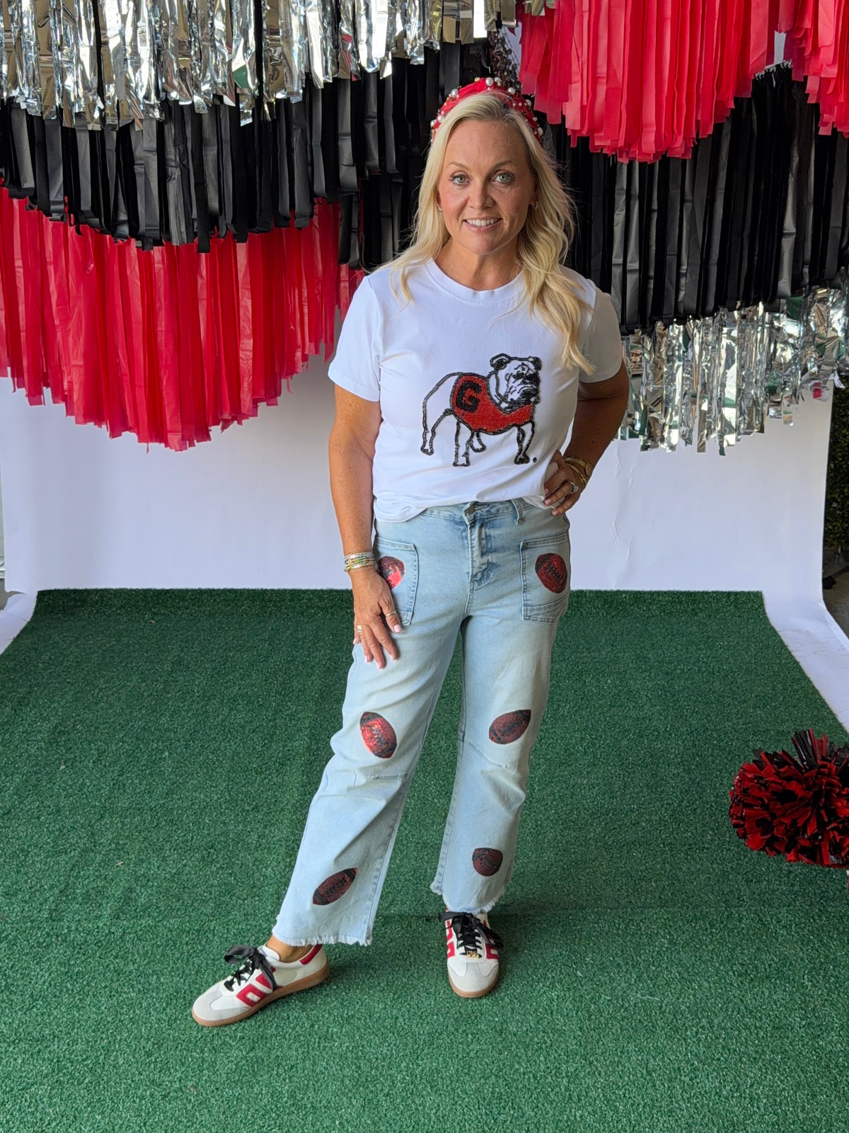 Denim jeans sequin red footballs