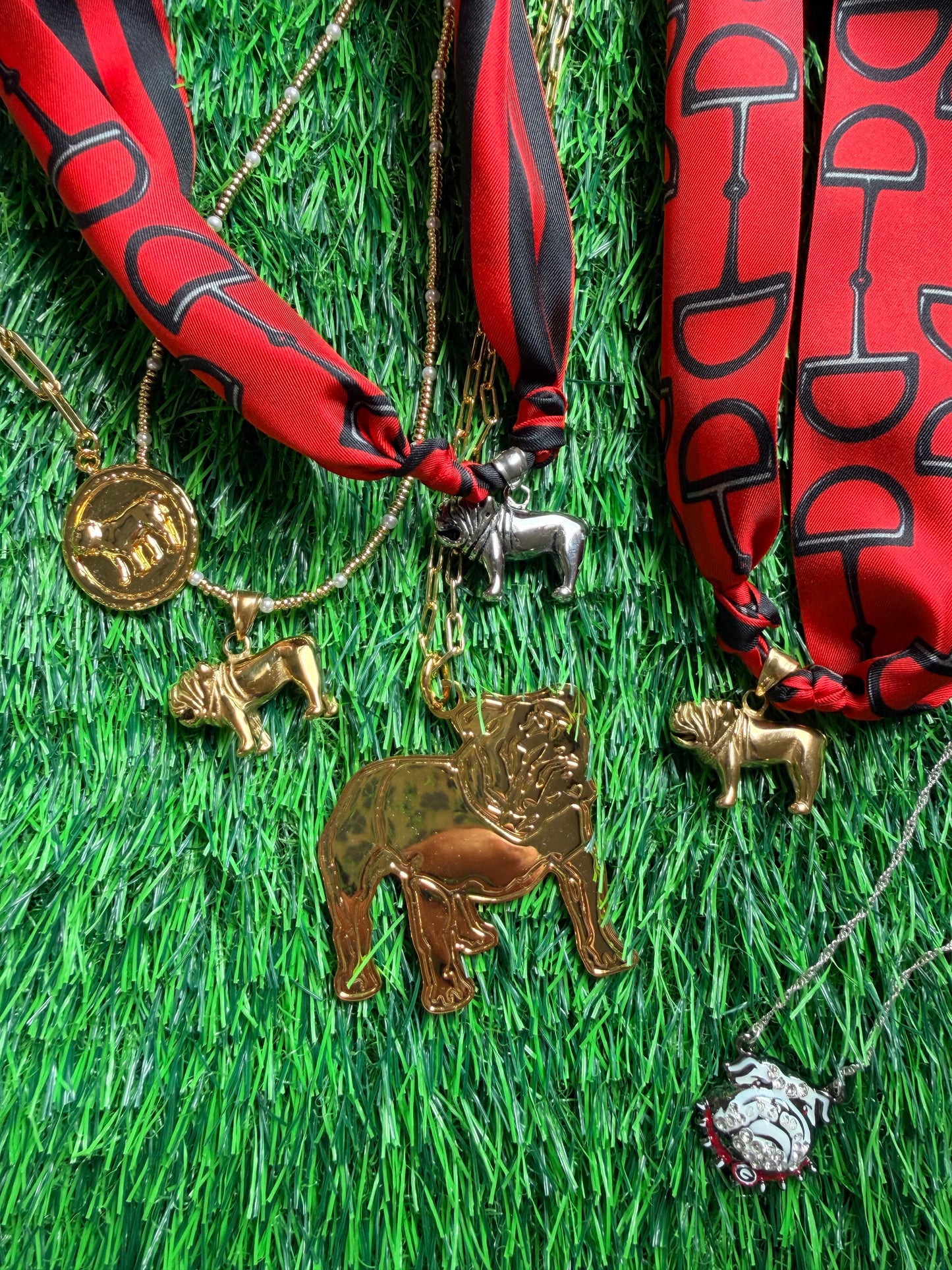 Bulldog charm ( full body) on gold beaded necklace