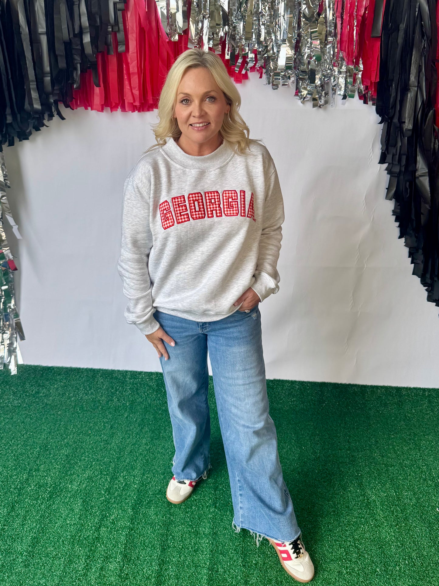 Licensed mock neck ash gray gingham embroidered Georgia