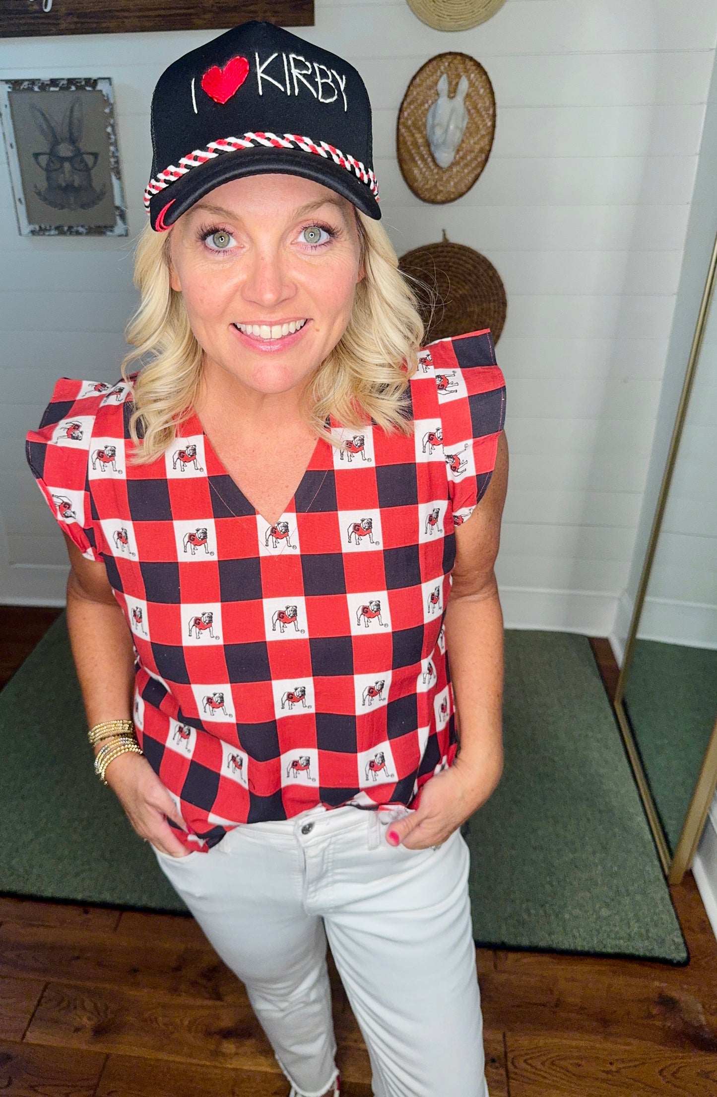 New Gingham ruffle top licensed bulldog