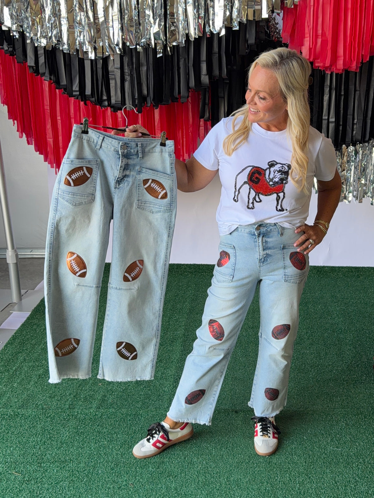 Denim jeans brown football patch. Up to plus size