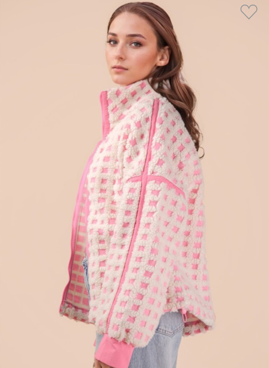 Pink and cream checked Sherpa jacket