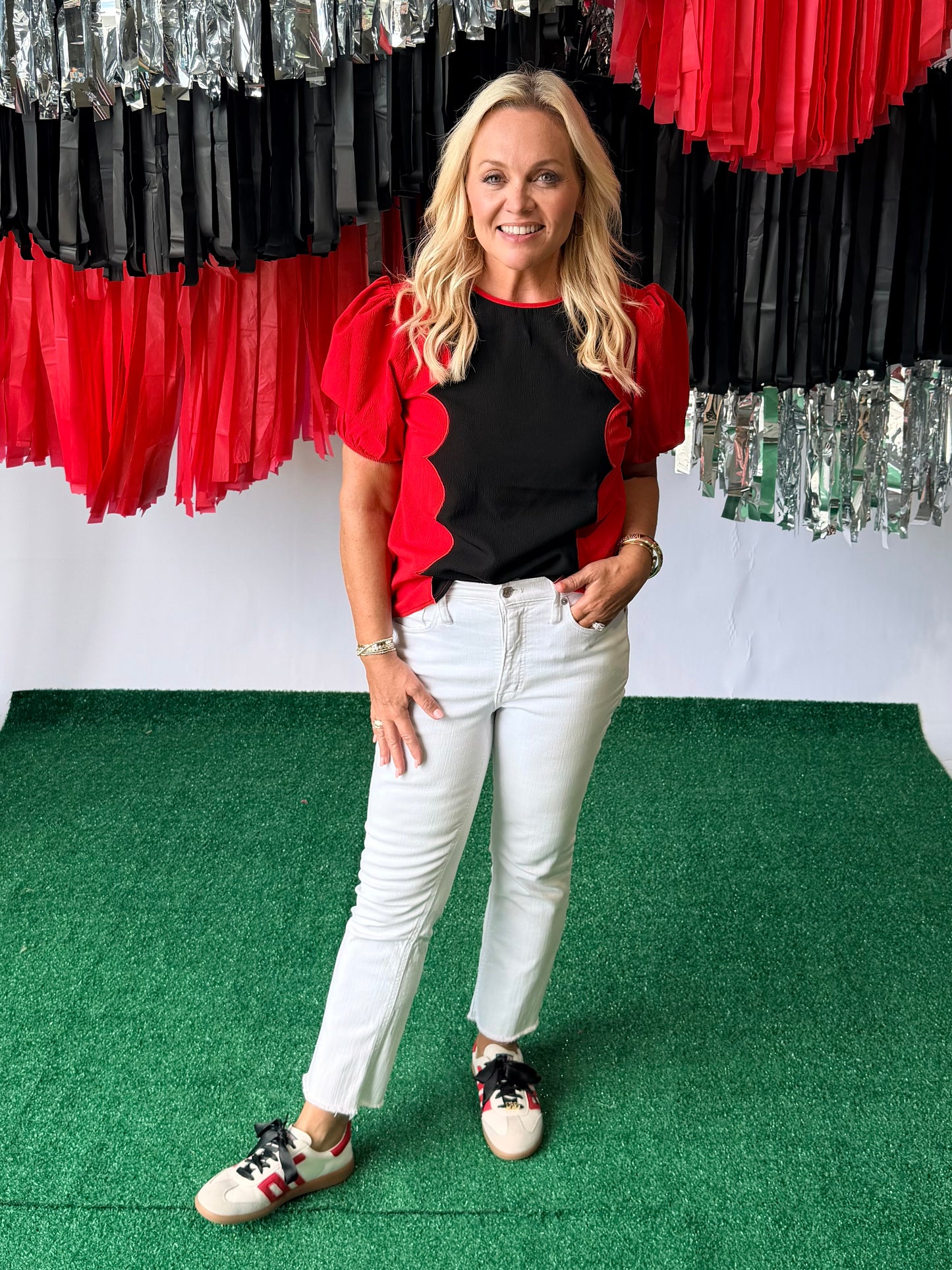 Wave scalloped black and red blouse