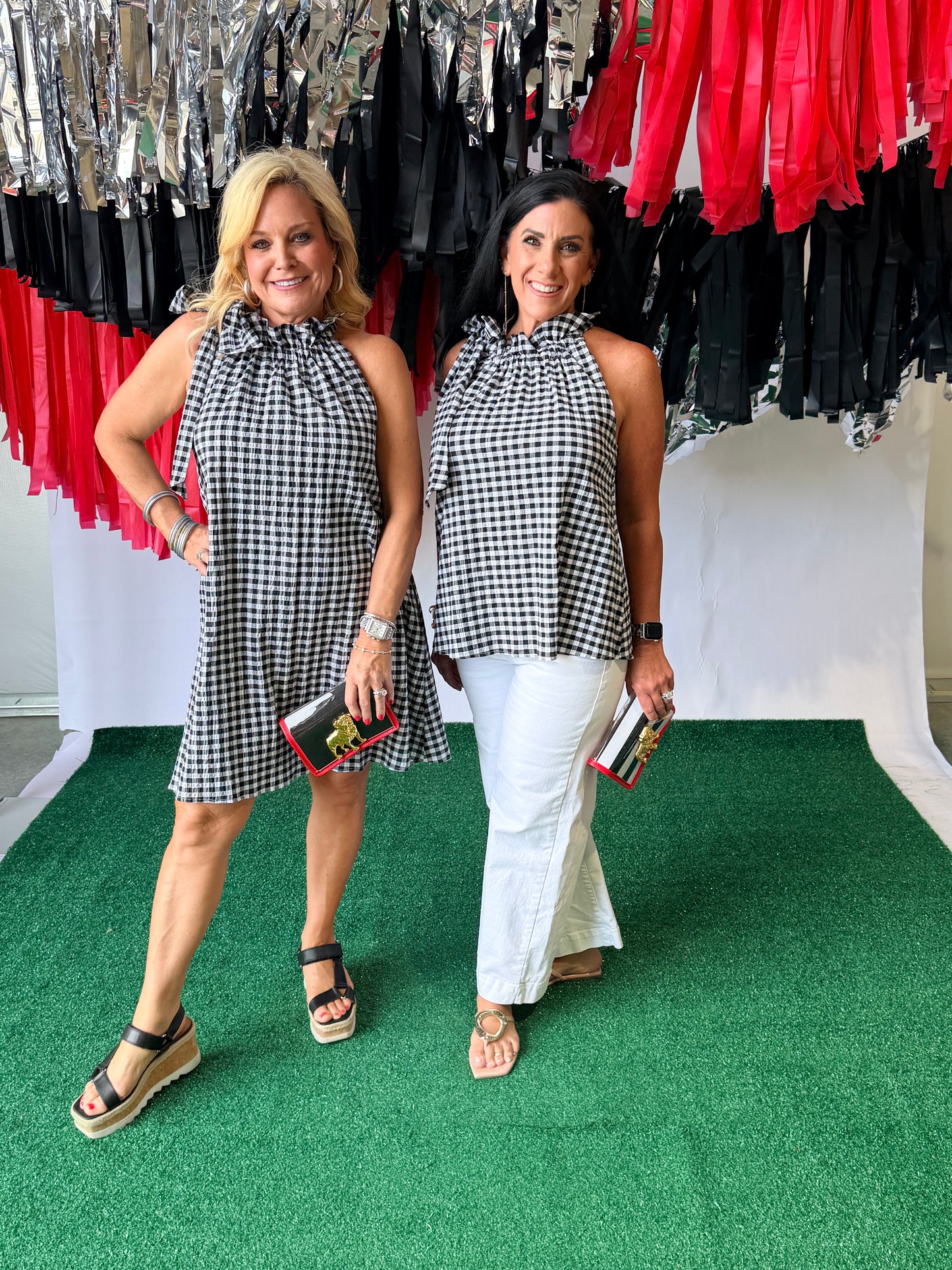 Black and white gingham swing dress with bow