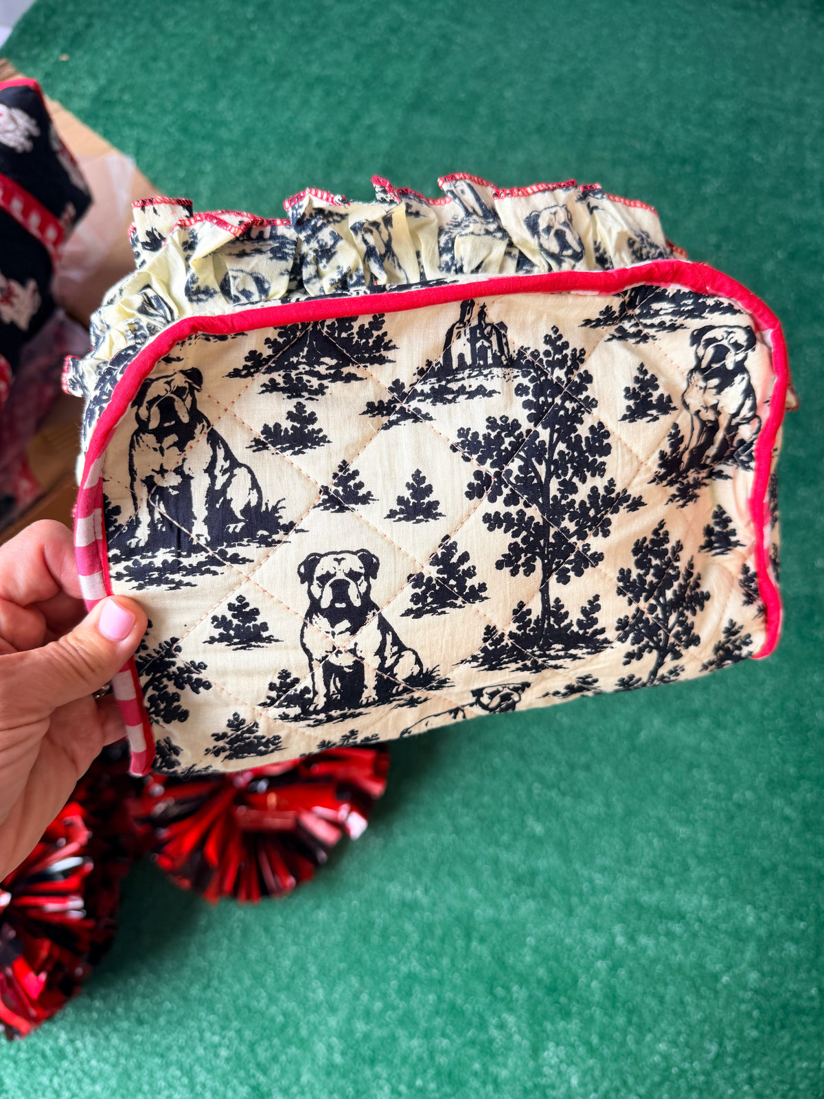 Exclusive bulldog toile cosmetic bag with ruffle