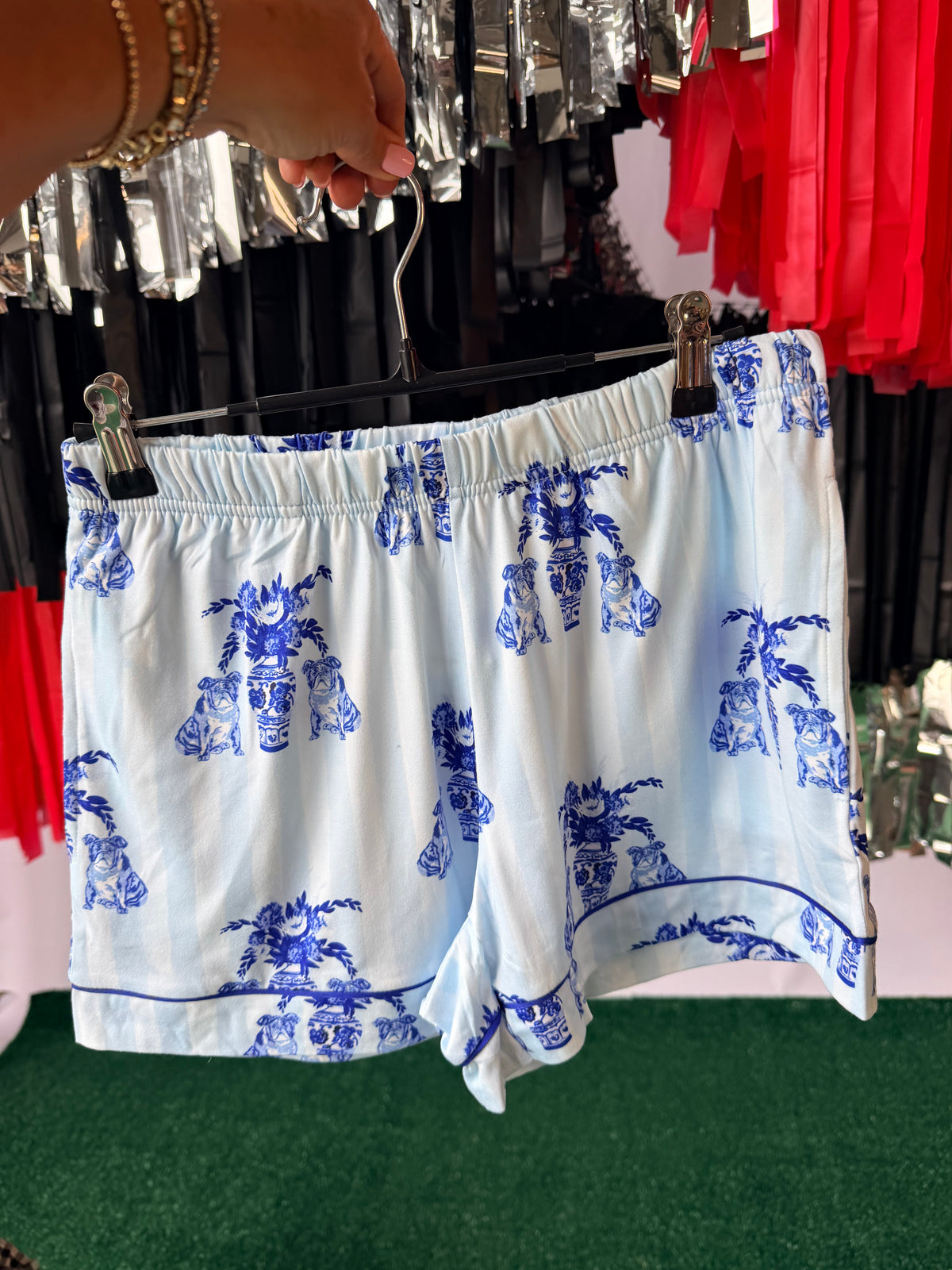 chinoiserie pajamas!  bulldogs blue shorts