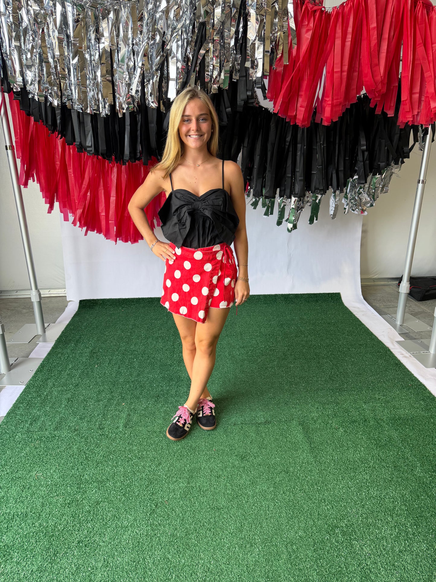 Game day Polka dot overlay wrap front skort red