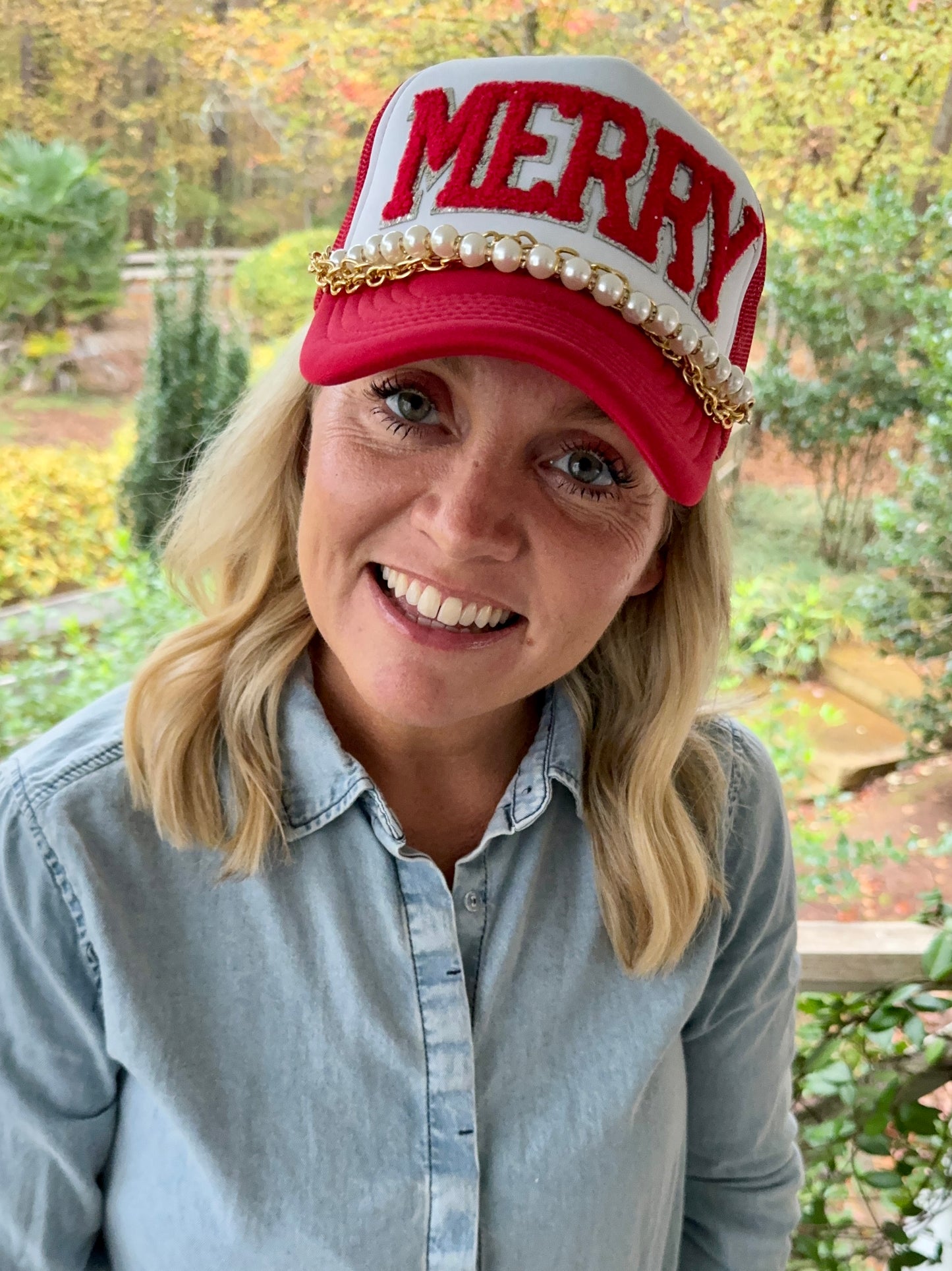 Christmas hat red and white Merry patch ( trucker chain sold separately)