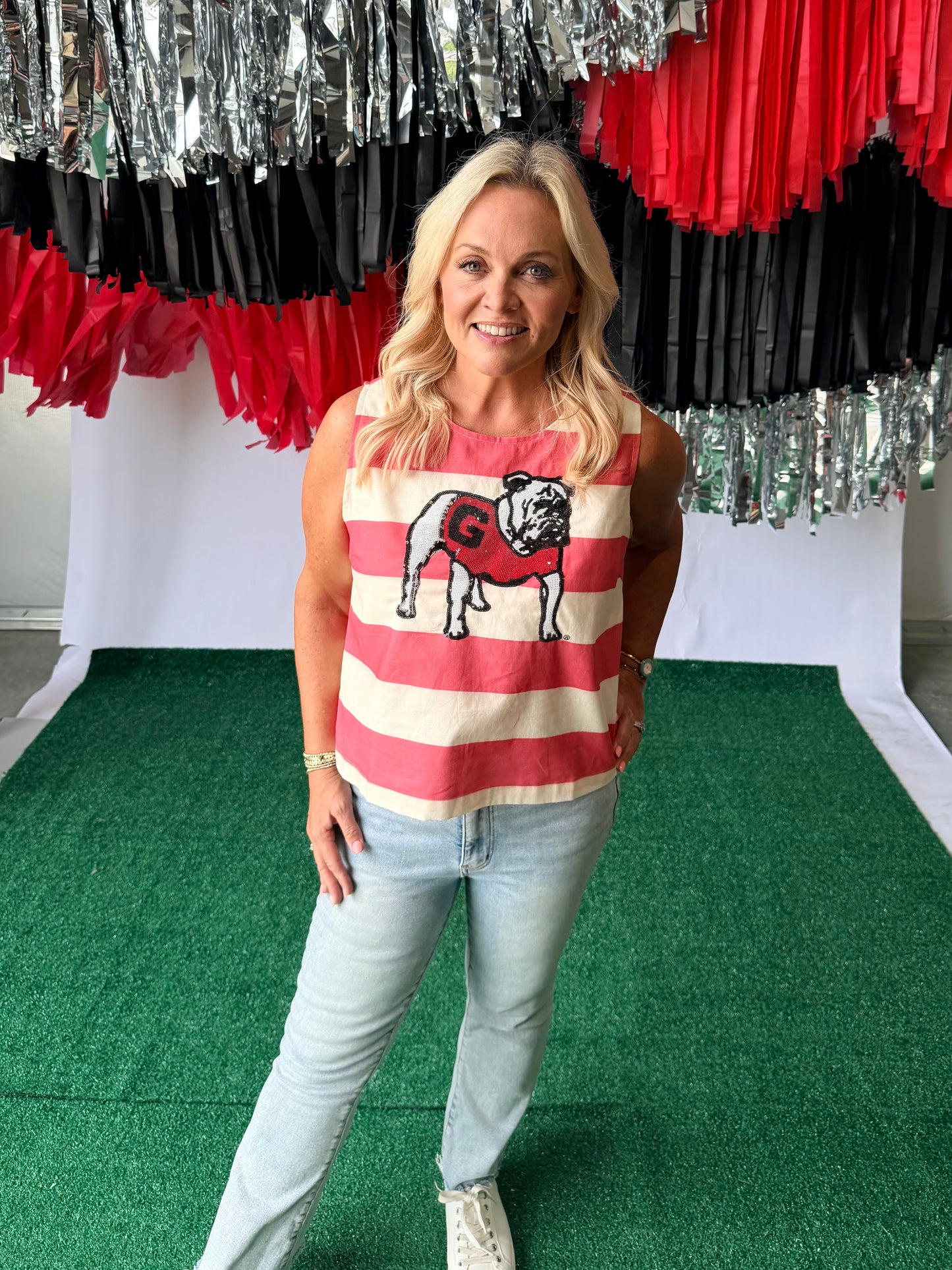 Striped top with sequin bulldog licensed up to size 3XL