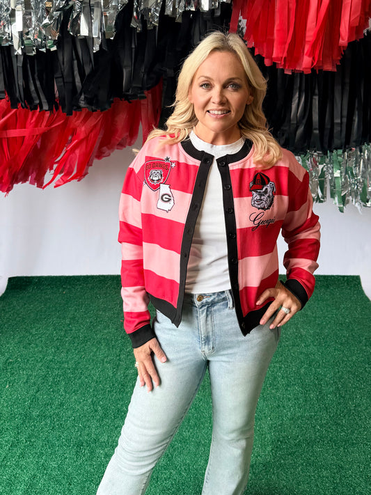 Pink and red striped cardigan with patches licensed up to 3X