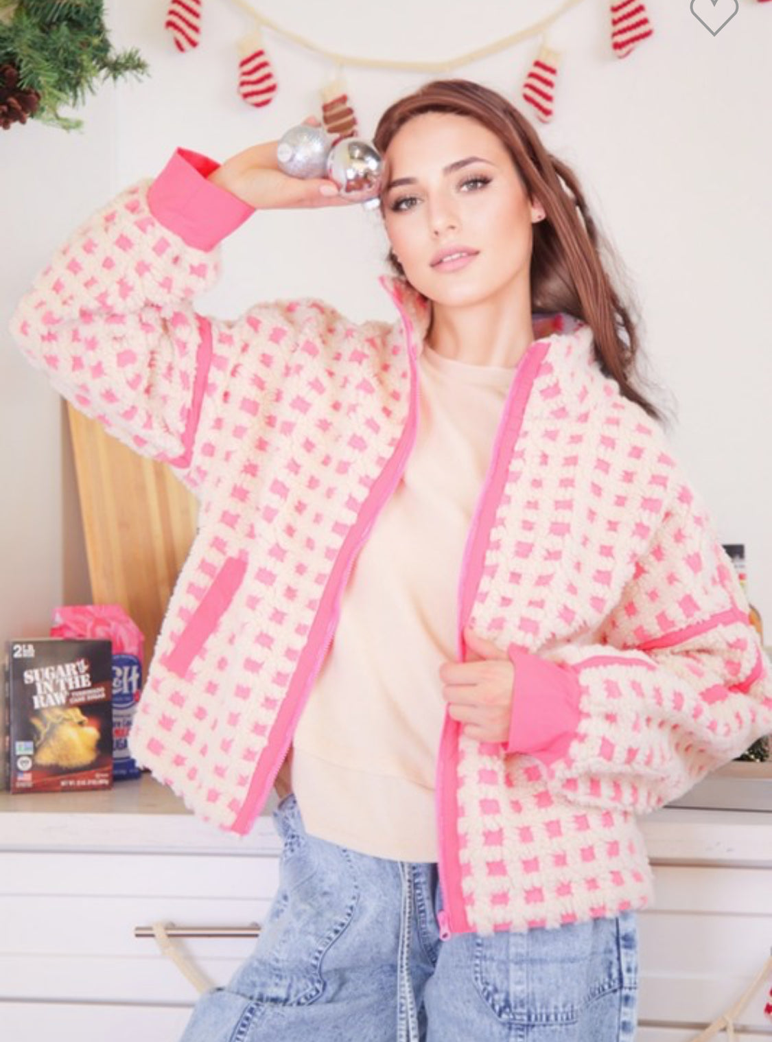 Pink and cream checked Sherpa jacket