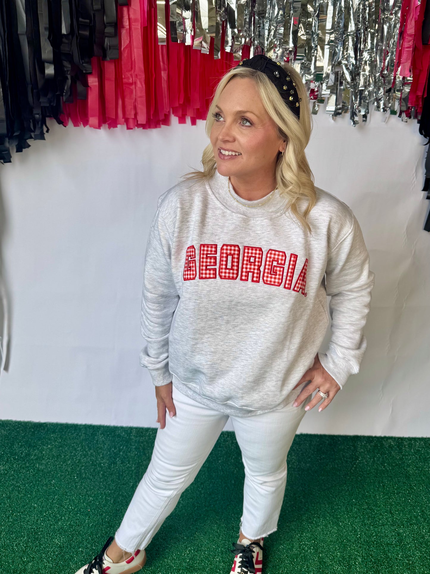 Licensed mock neck ash gray gingham embroidered Georgia