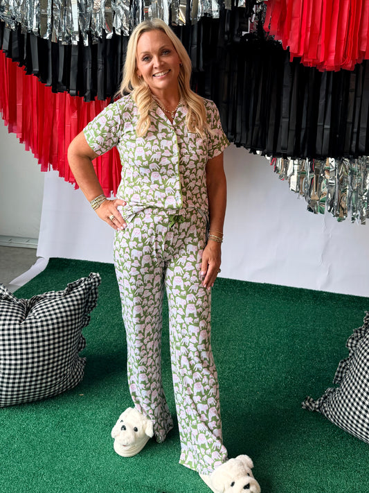 Pink and green bulldog pajama top