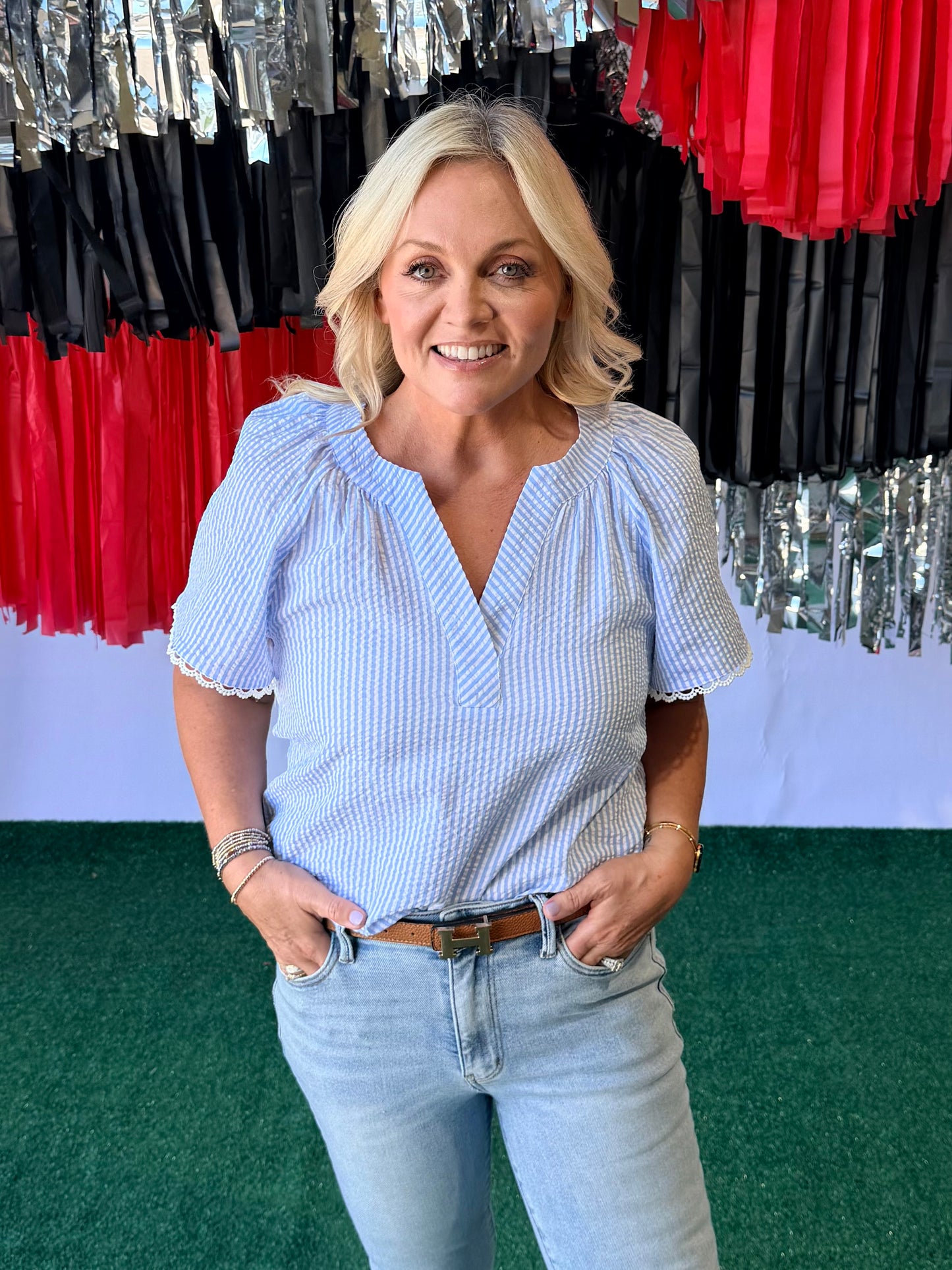 Searsucker blouse blue and white 4th of July