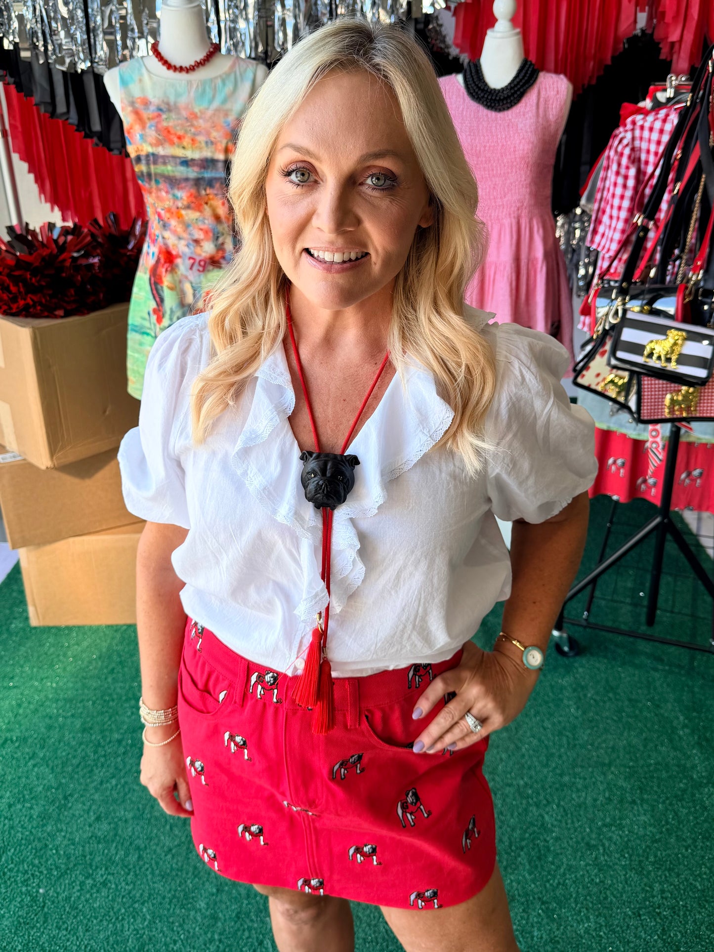 Red denim embroidered dawg skirt Licensed