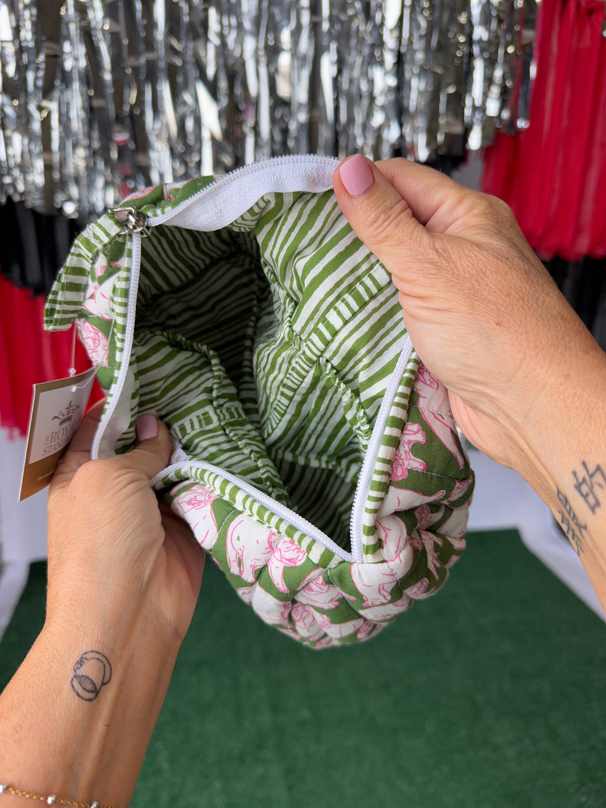 Green and pink quilted bulldog cosmetic bag
